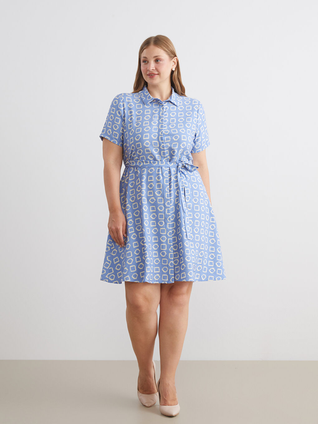 Mavi Desenli Mini Gömlek Elbise-1