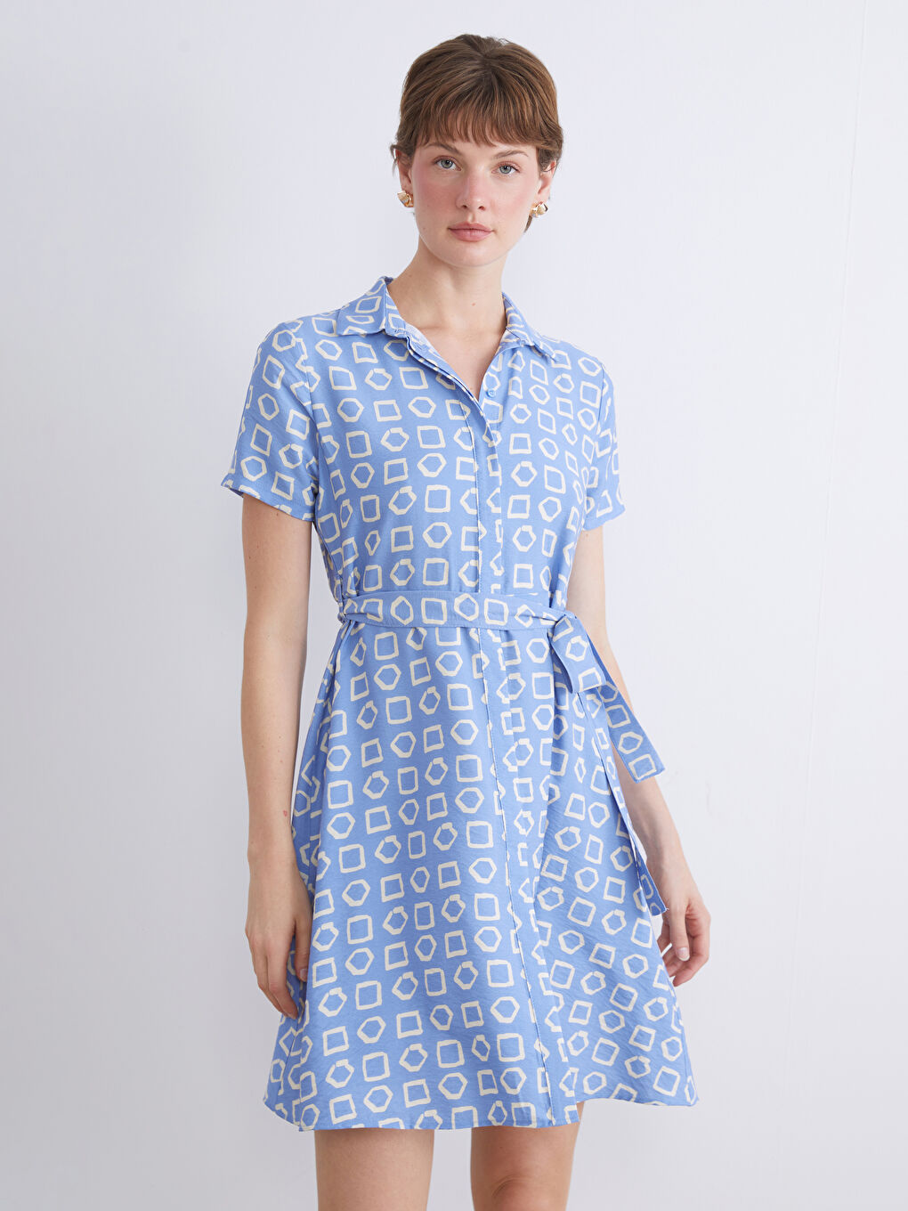 Mavi Desenli Mini Gömlek Elbise-2