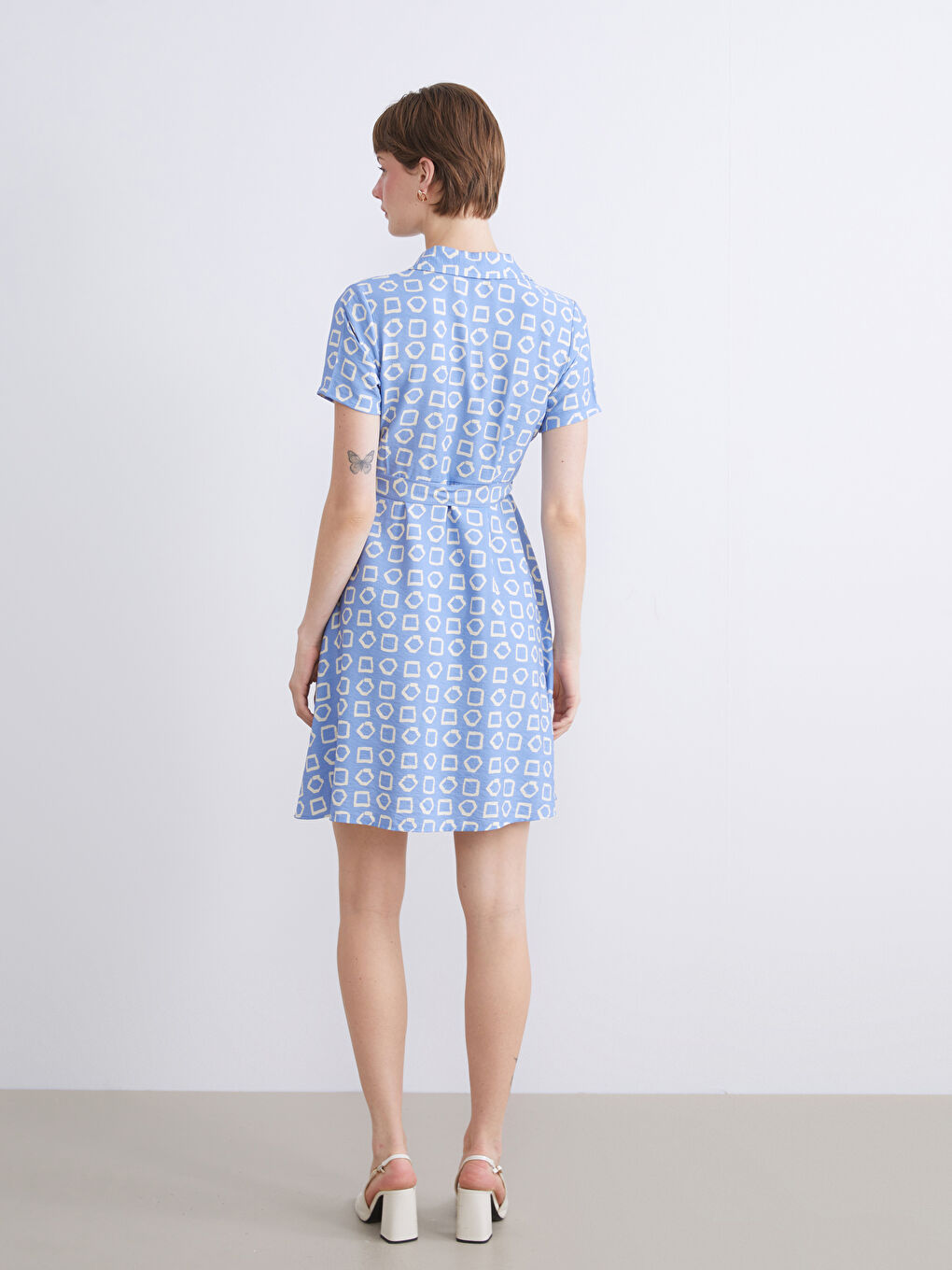 Mavi Desenli Mini Gömlek Elbise-4