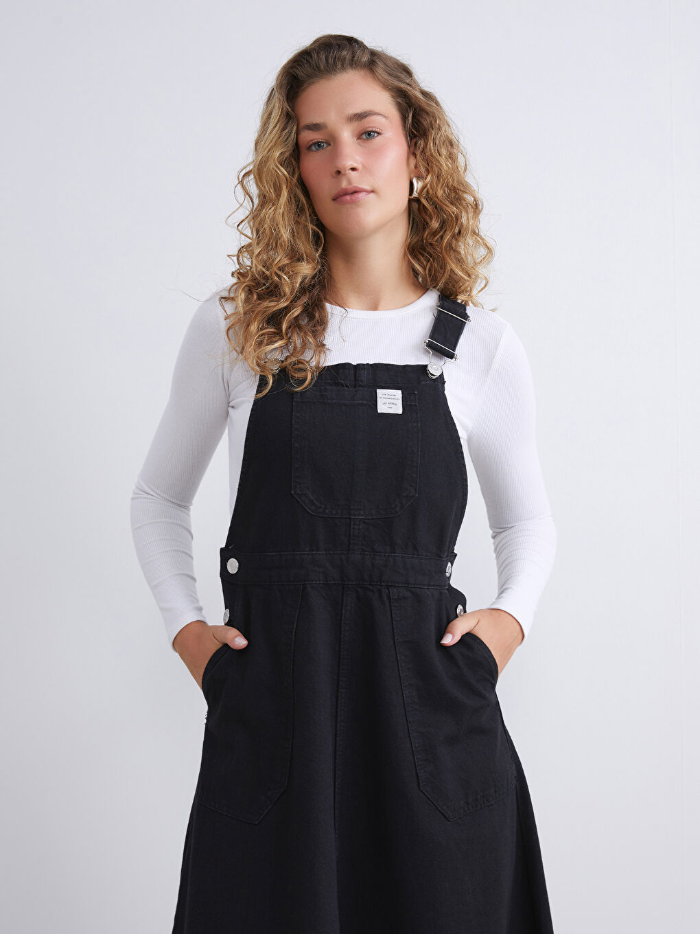 Siyah Kare Yaka Jean Salopet Elbise-2