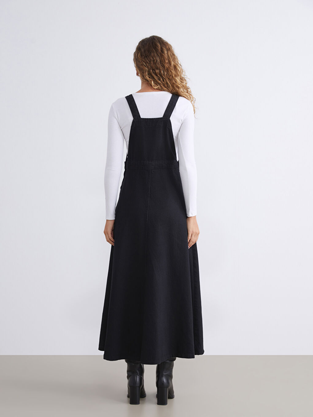 Siyah Kare Yaka Jean Salopet Elbise-4