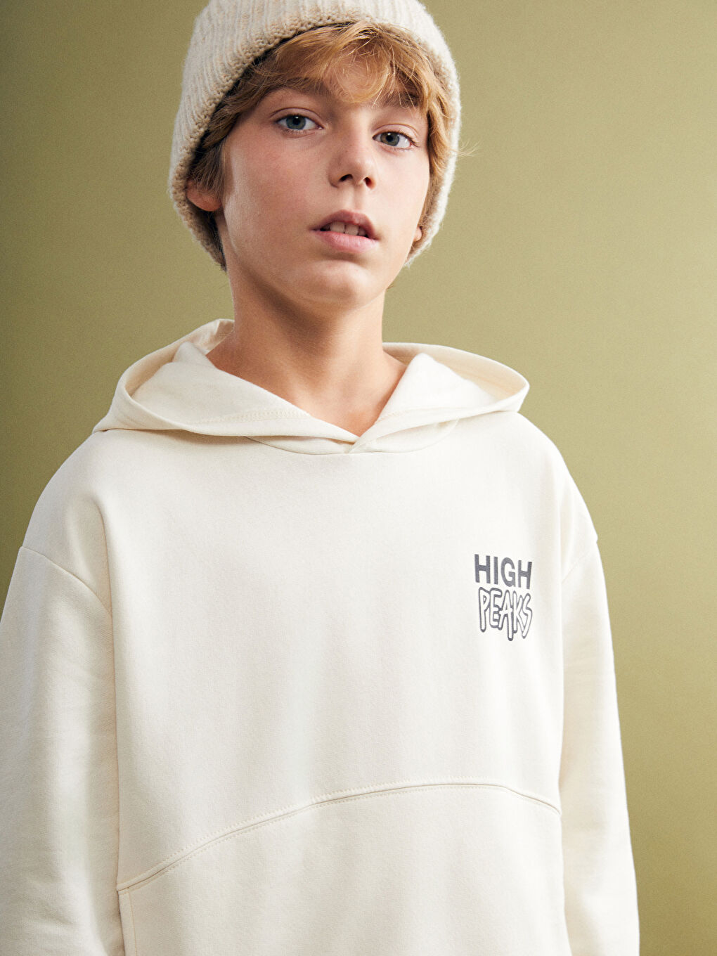 Bej Kapüşonlu Baskılı Erkek Çocuk Sweatshirt-1