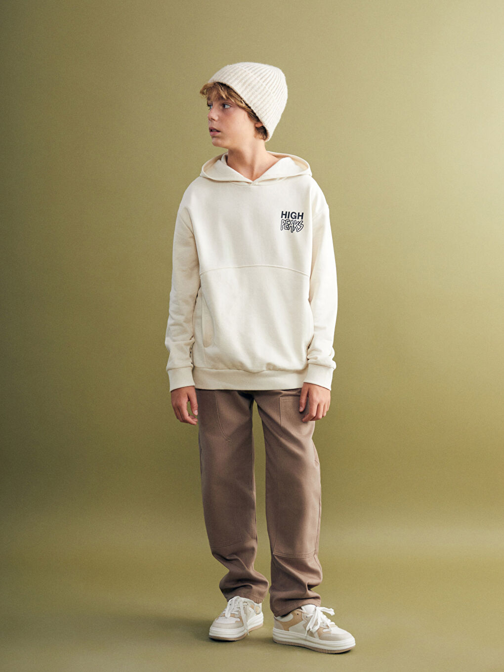 Bej Kapüşonlu Baskılı Erkek Çocuk Sweatshirt-2