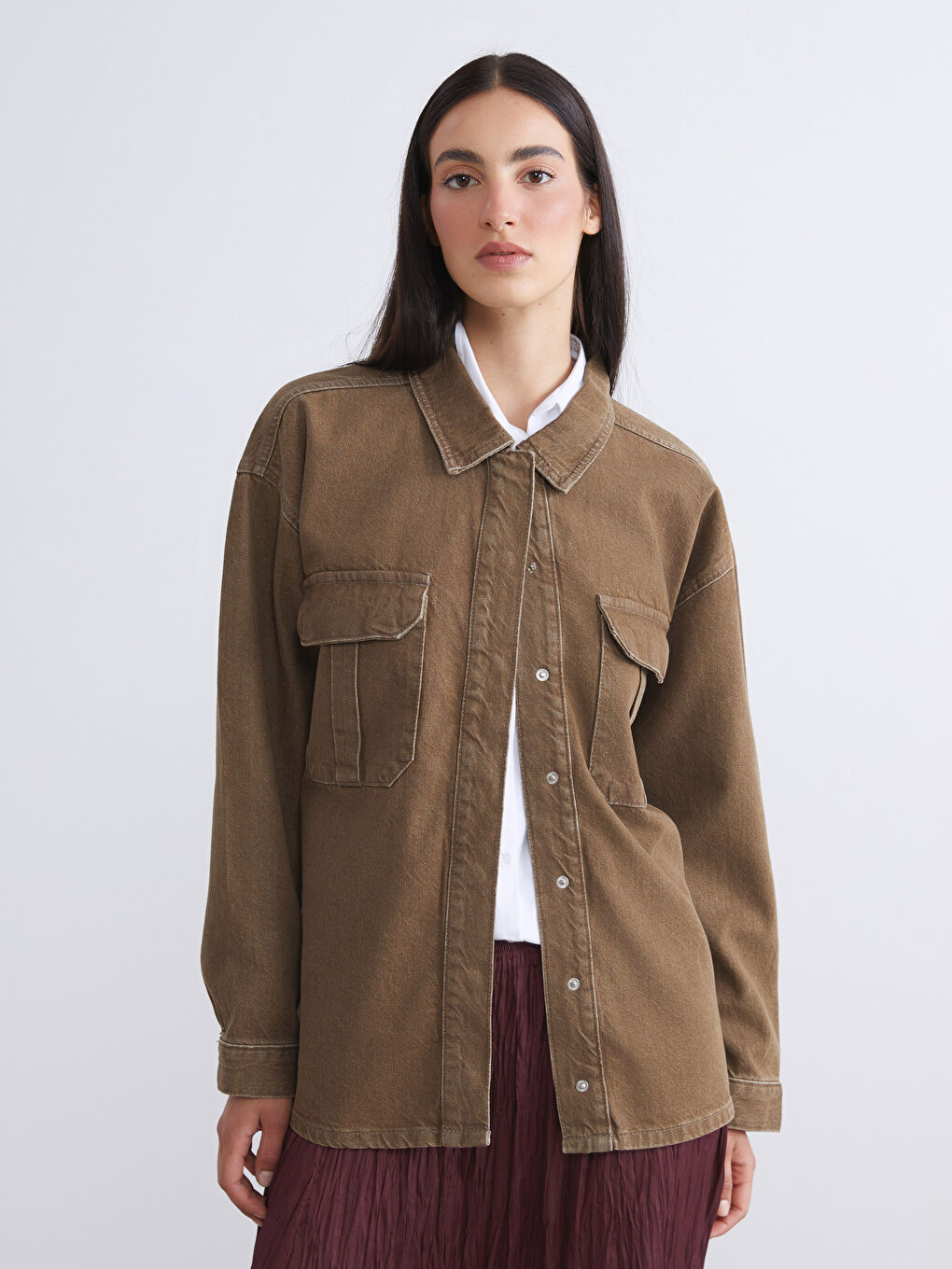 LCW Modest Shirt Collar Oversize Women's Denim Jacket -W5H984Z8-328