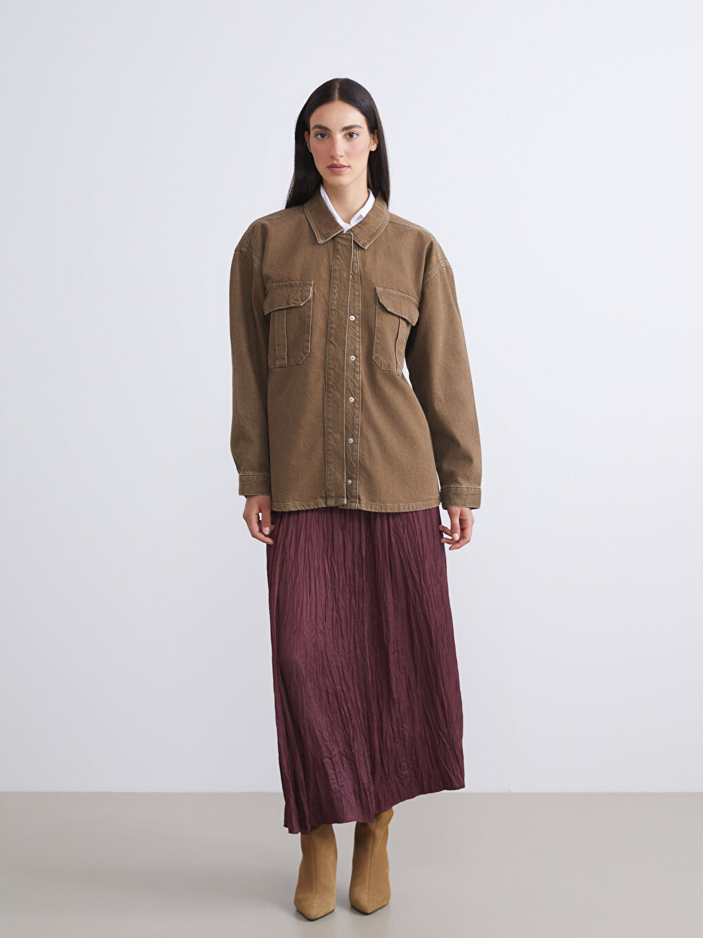 LCW Modest Shirt Collar Oversize Women's Denim Jacket -W5H984Z8-328