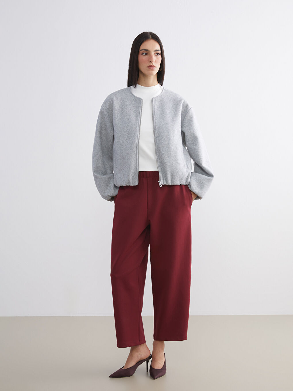 Gri Bisiklet Yaka Kadın Kaşe Ceket-1