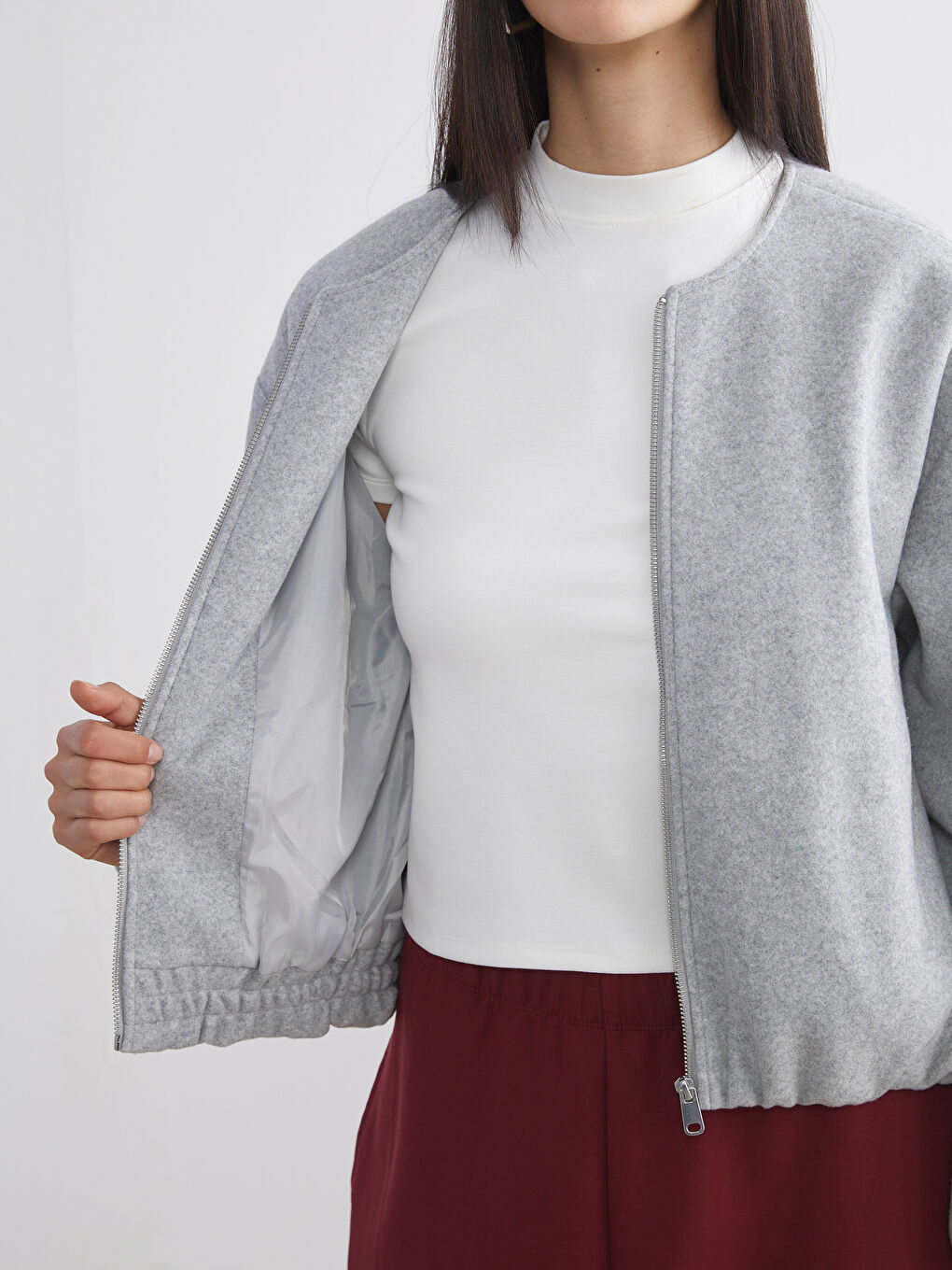 Gri Bisiklet Yaka Kadın Kaşe Ceket-3