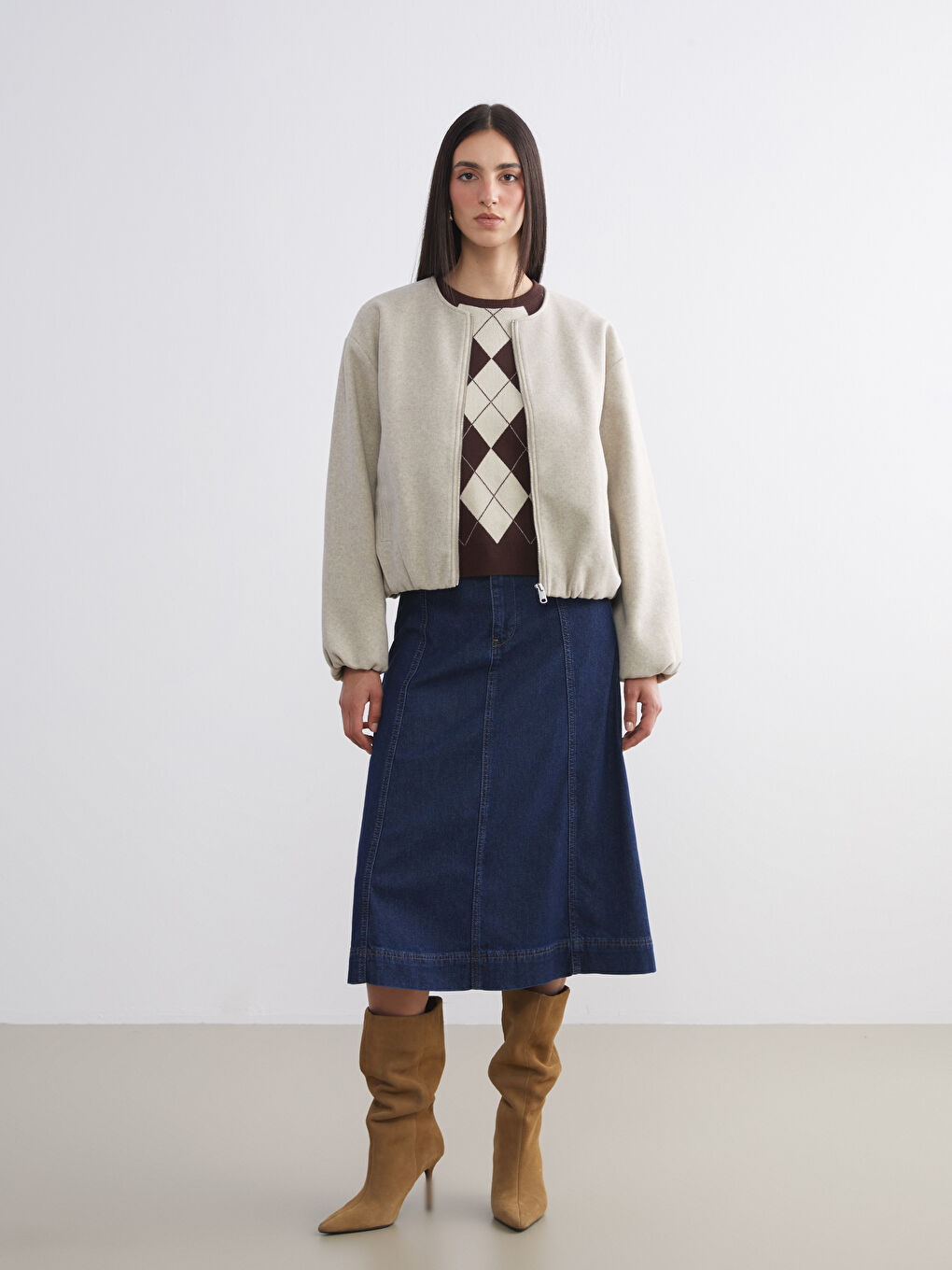 Bej Bisiklet Yaka Kadın Kaşe Ceket-1