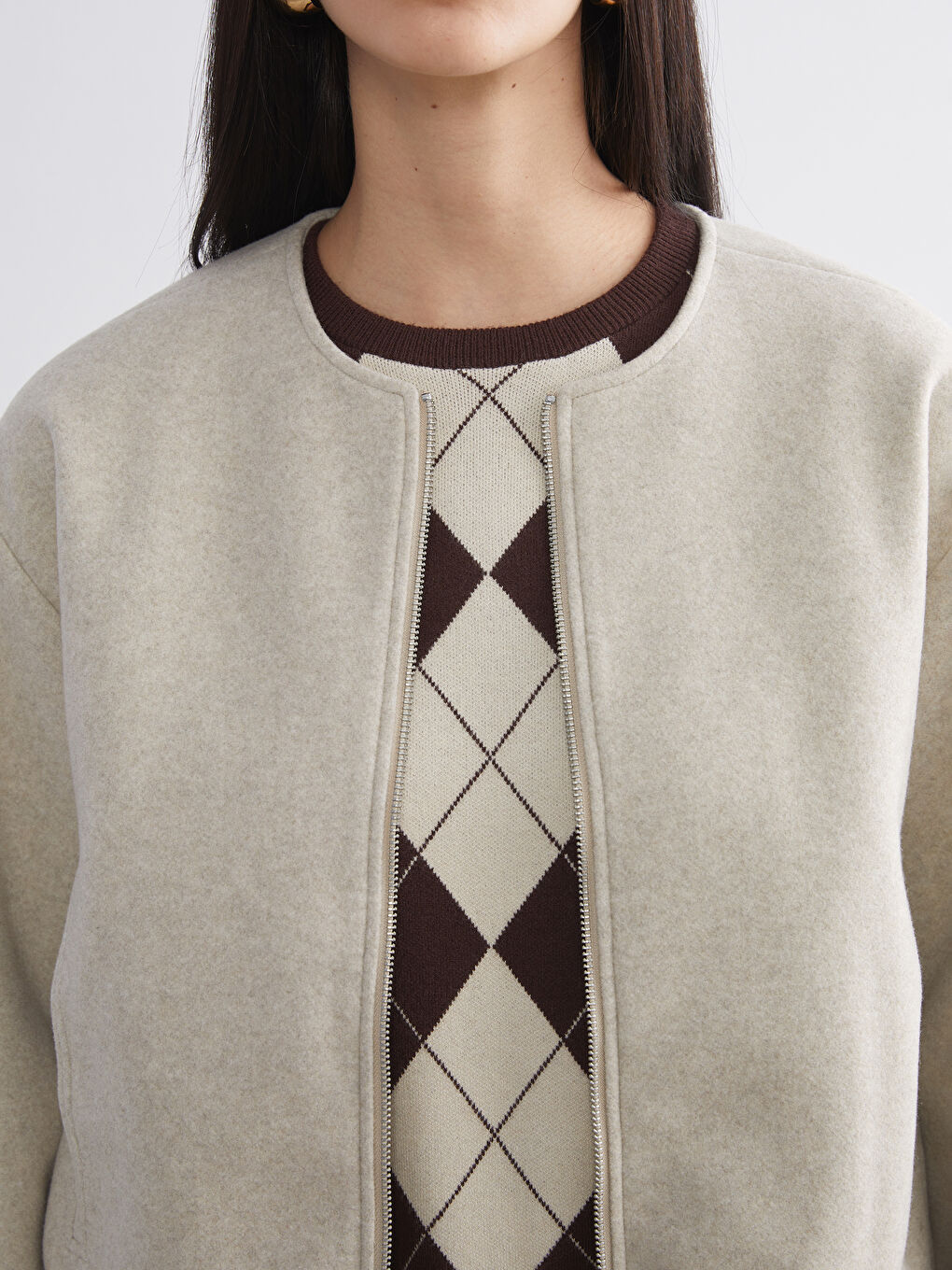 Bej Bisiklet Yaka Kadın Kaşe Ceket-2