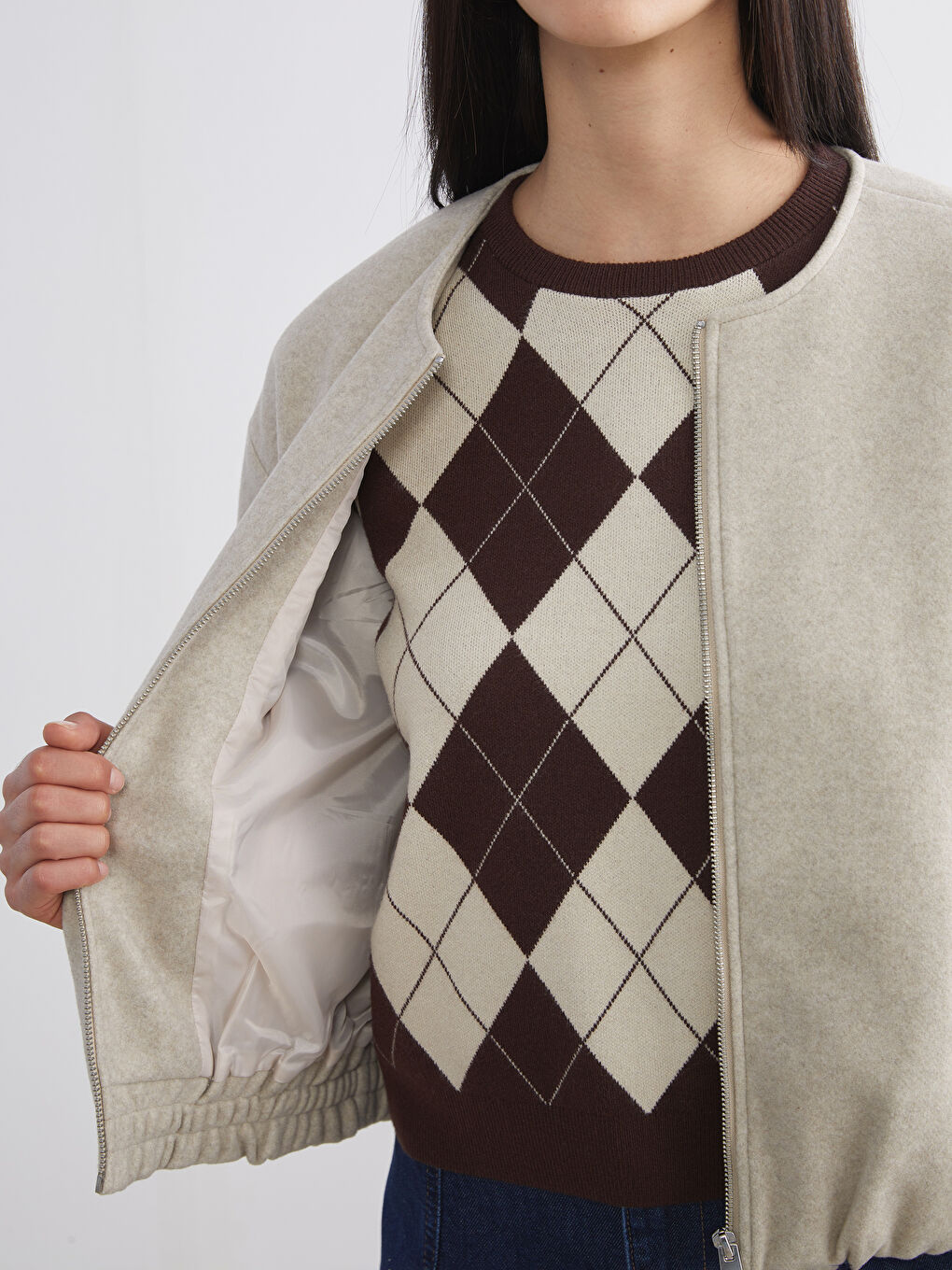 Bej Bisiklet Yaka Kadın Kaşe Ceket-3