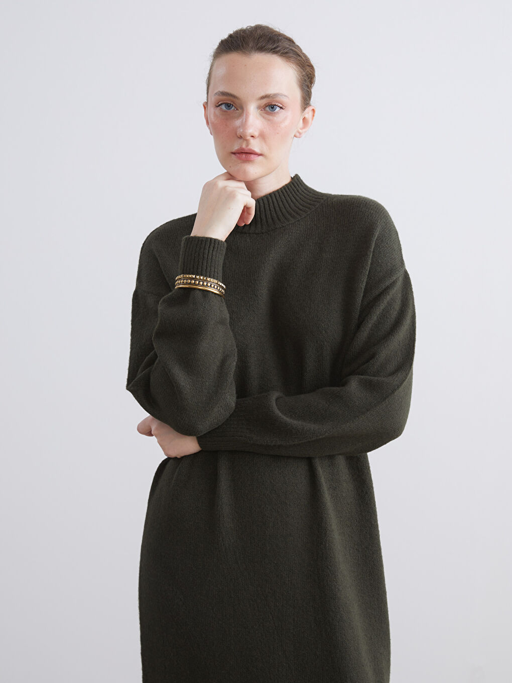 Haki Dik Yaka Triko Elbise-1