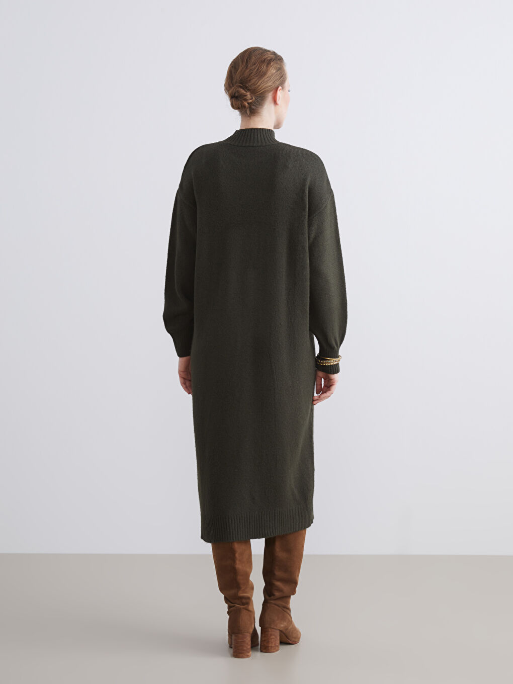 Haki Dik Yaka Triko Elbise-3