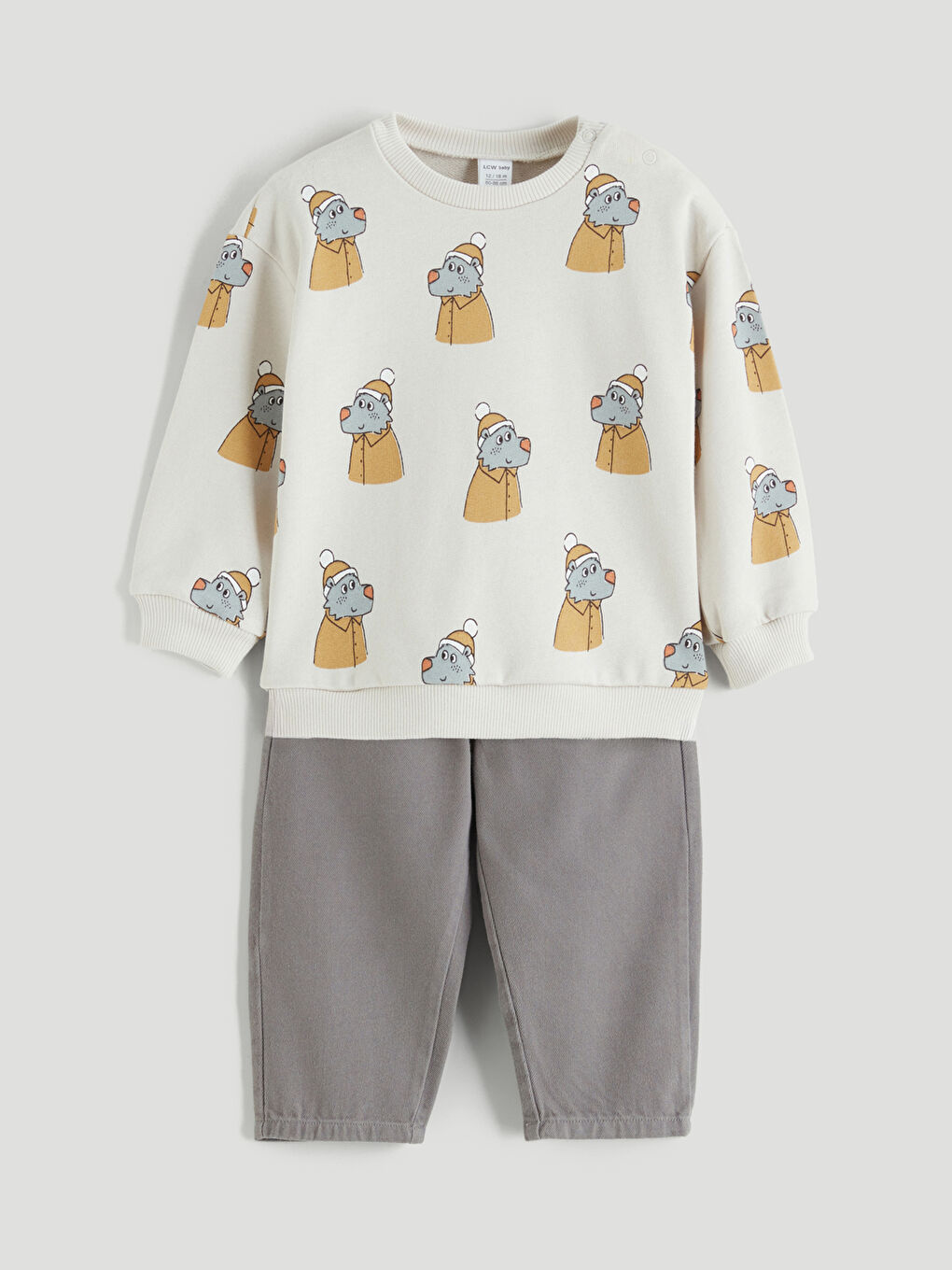 Bej Baskılı Erkek Bebek Sweatshirt ve Pantolon