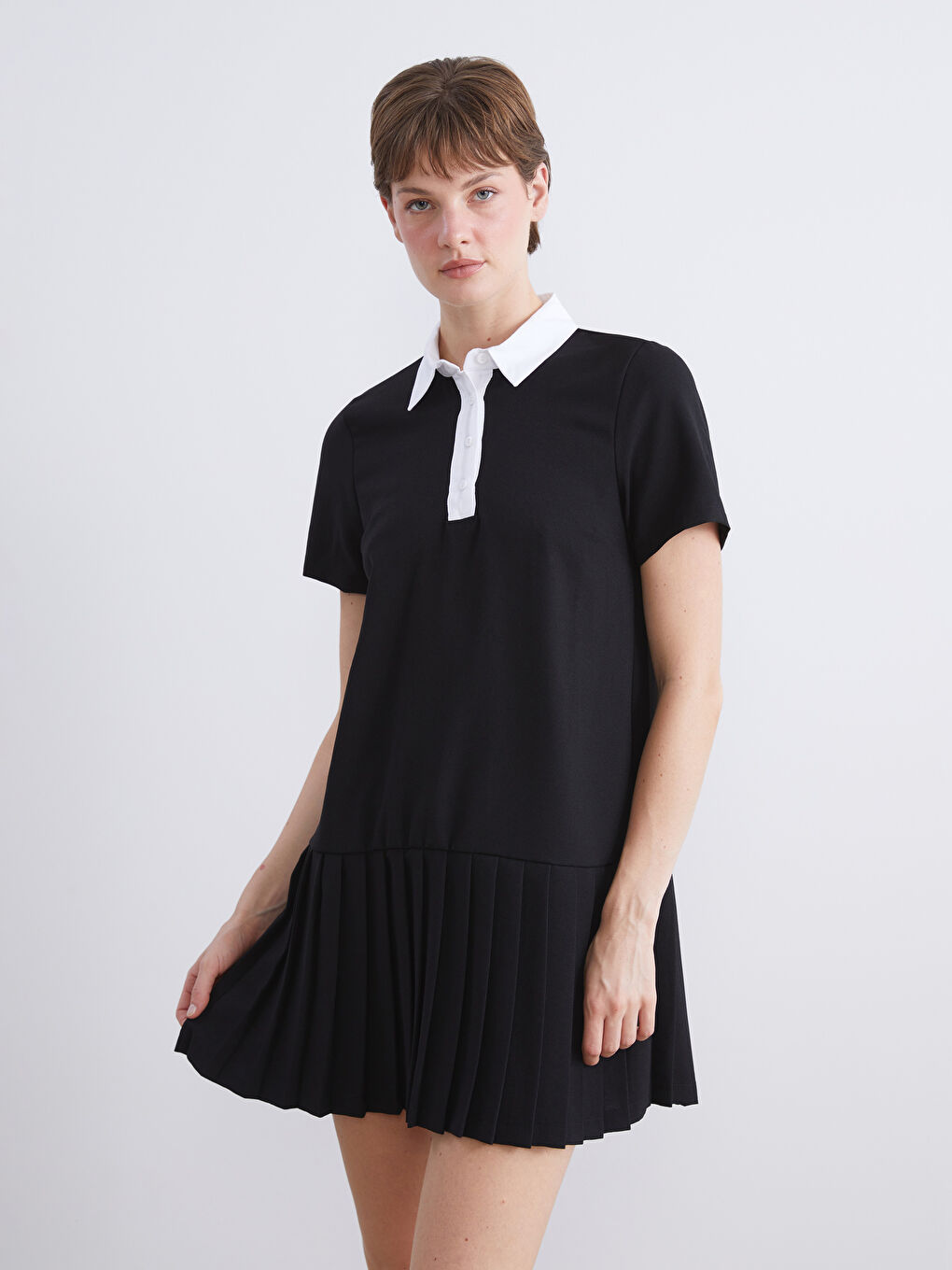 Siyah Gömlek Yaka Pileli Mini Elbise-1