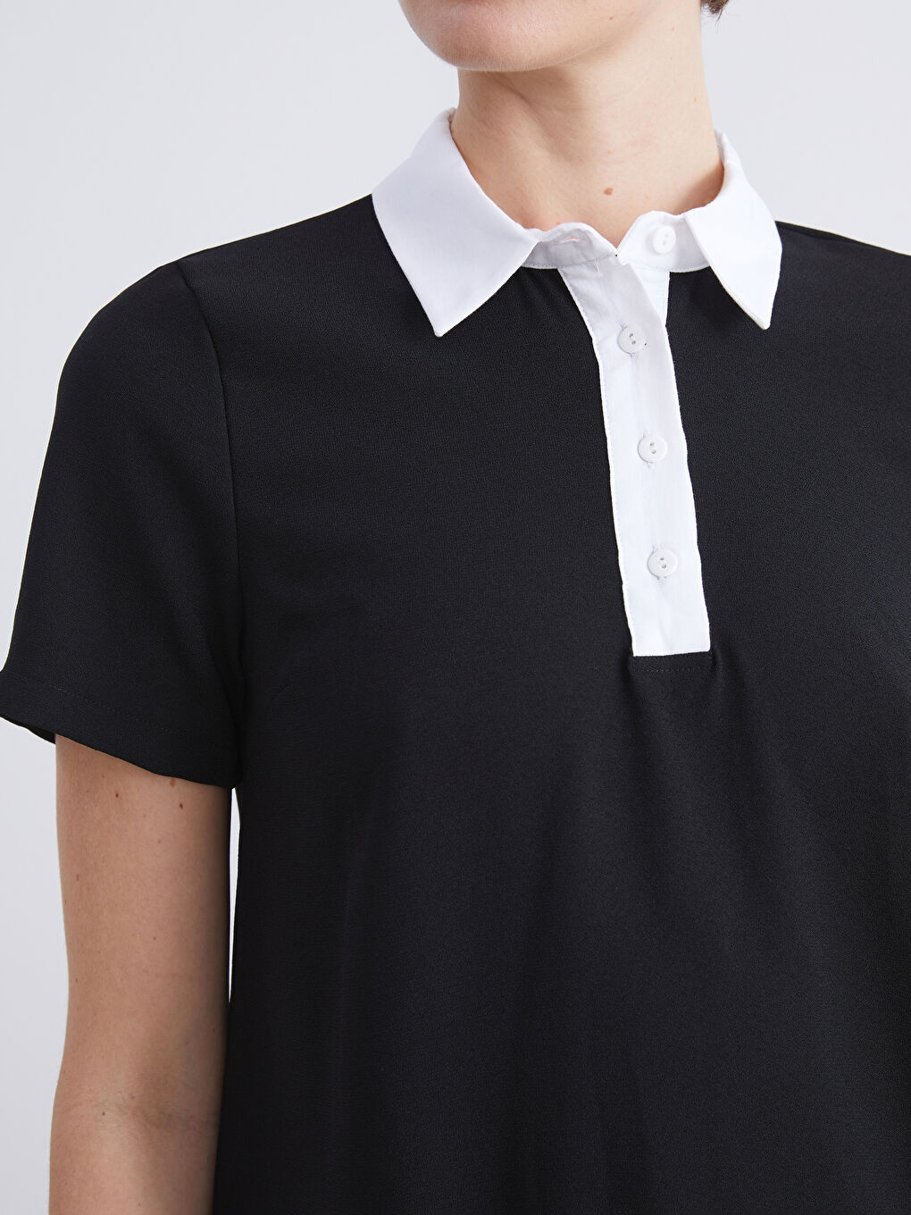 Siyah Gömlek Yaka Pileli Mini Elbise-2