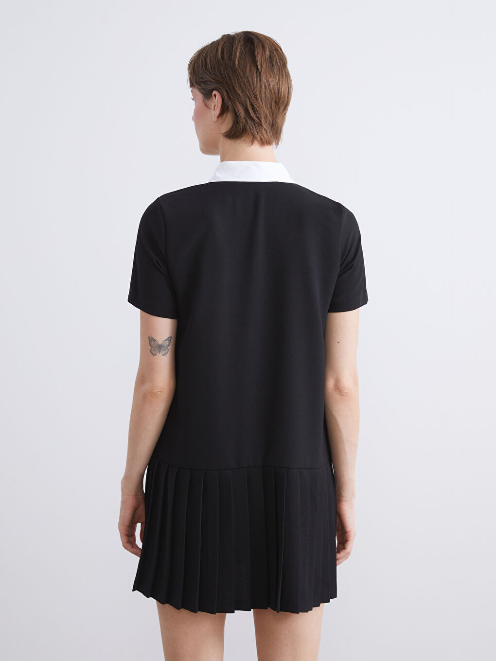 Siyah Gömlek Yaka Pileli Mini Elbise-3