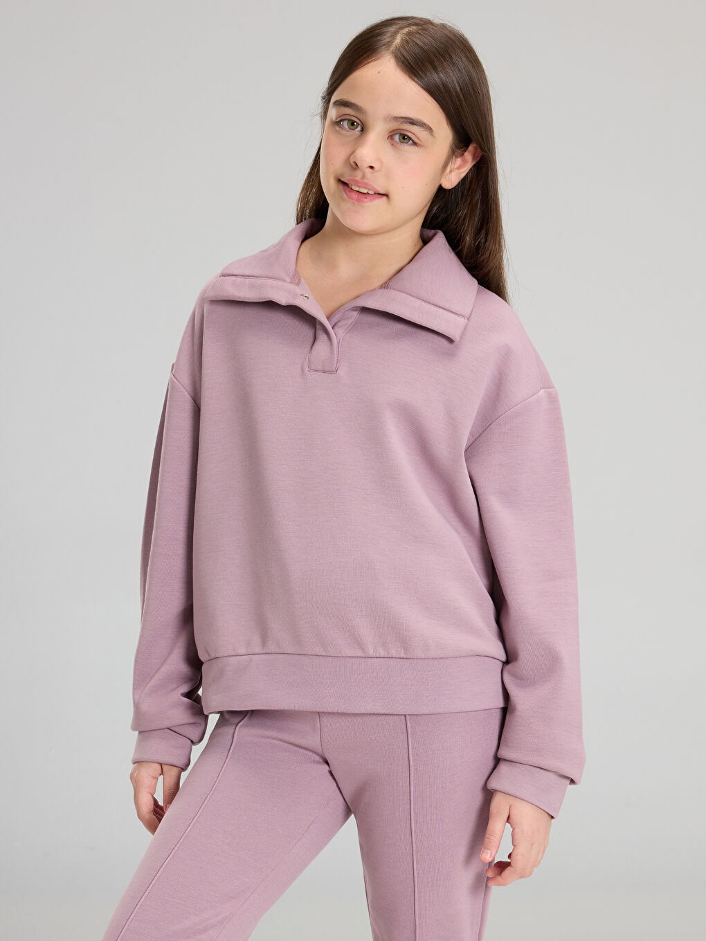 Lila Polo Yaka Kız Çocuk Sweatshirt ve Eşofman Alt-1