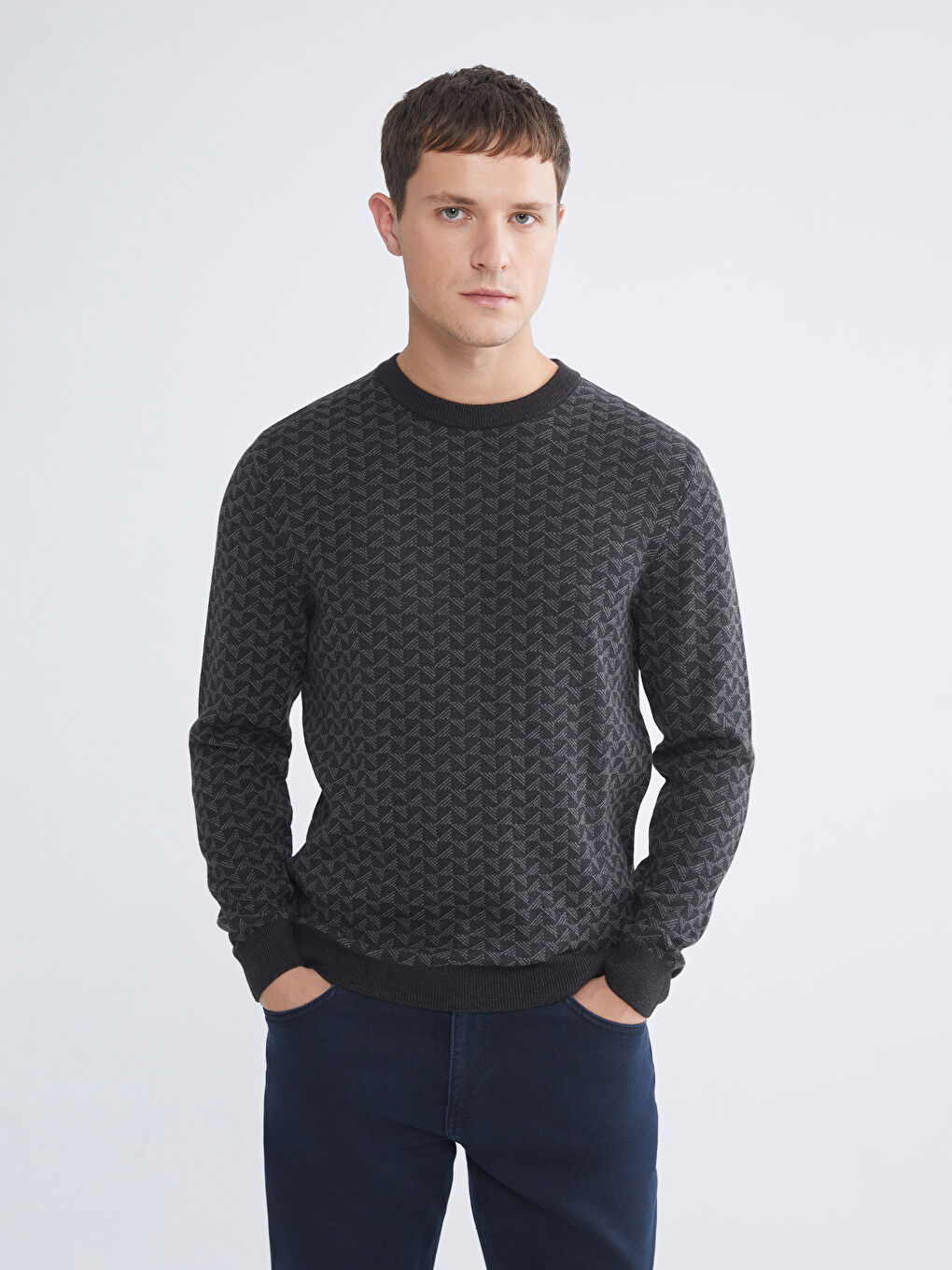 Antrasit Bisiklet Yaka Desenli Erkek Triko Kazak