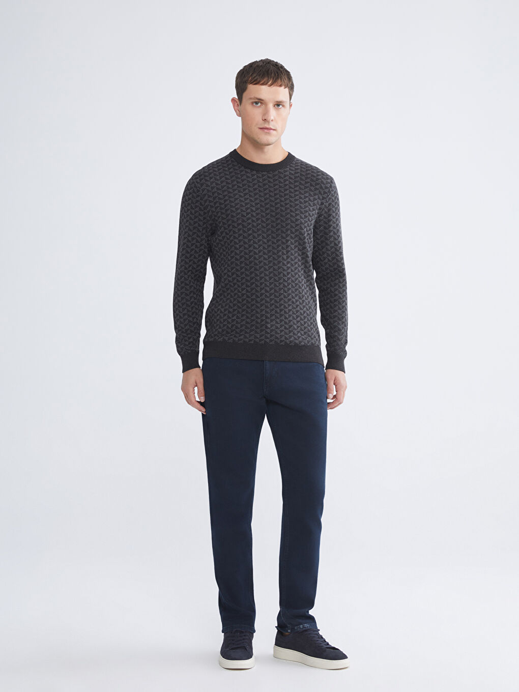 Antrasit Bisiklet Yaka Desenli Erkek Triko Kazak-1