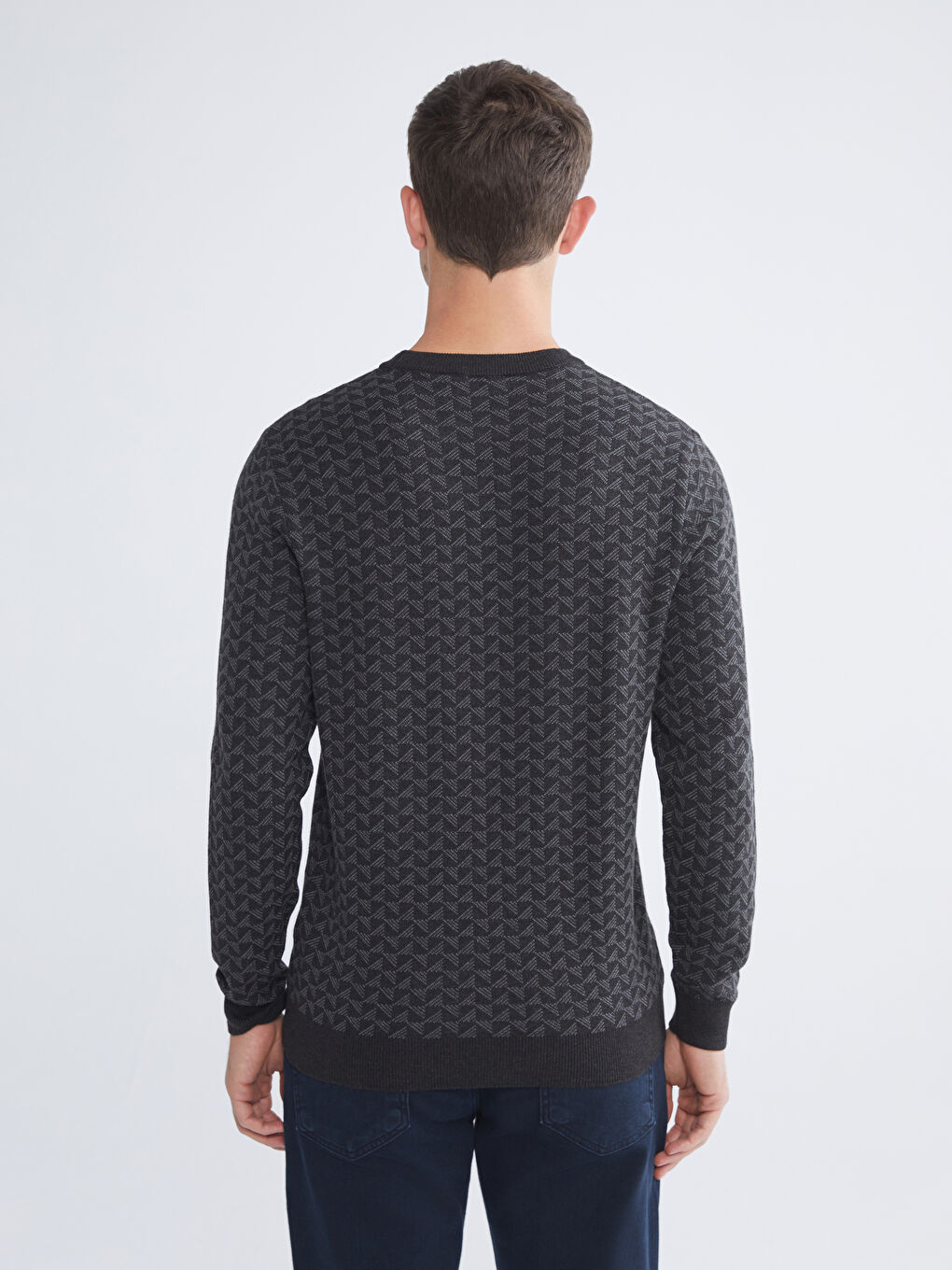 Antrasit Bisiklet Yaka Desenli Erkek Triko Kazak-3