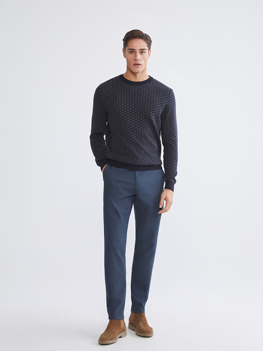 Lacivert Bisiklet Yaka Desenli Erkek Triko Kazak-1