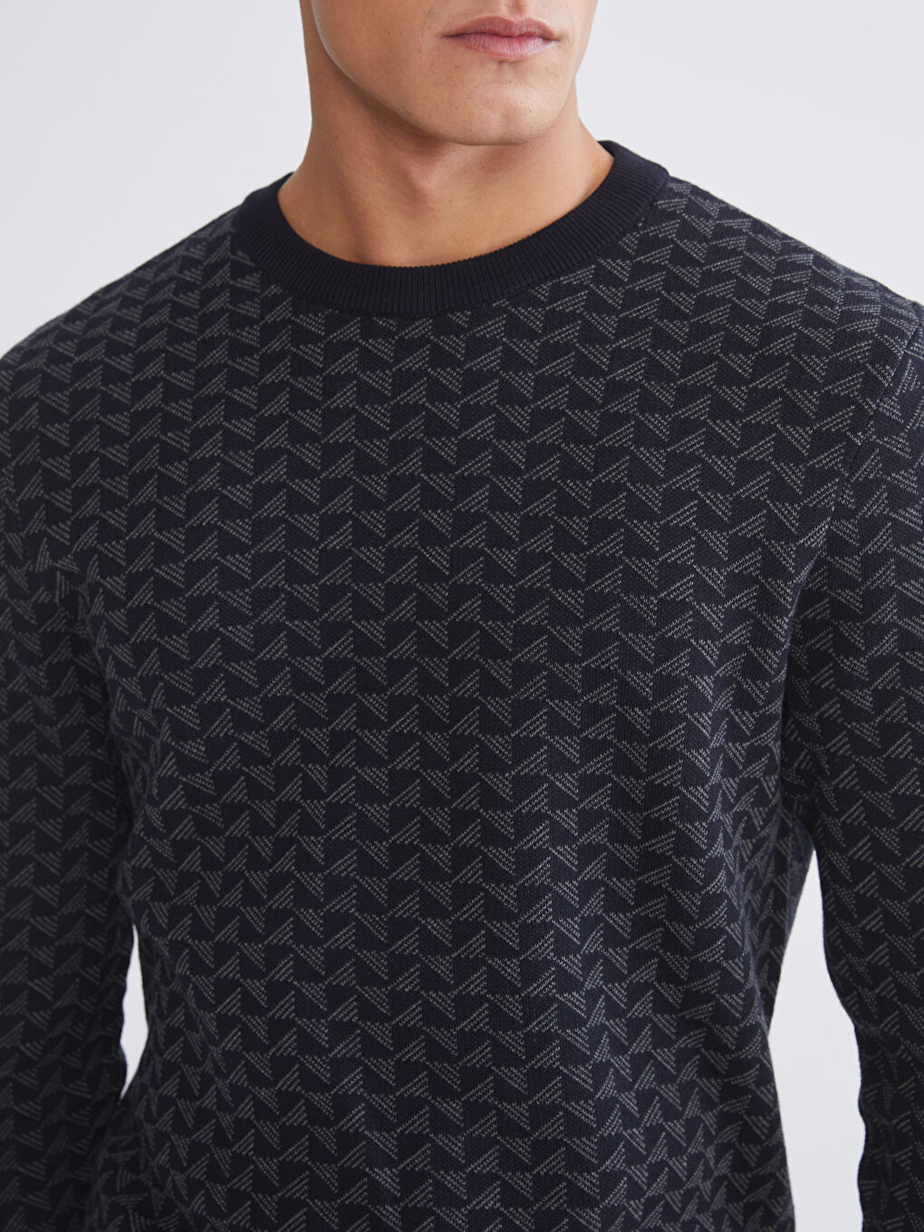 Lacivert Bisiklet Yaka Desenli Erkek Triko Kazak-2