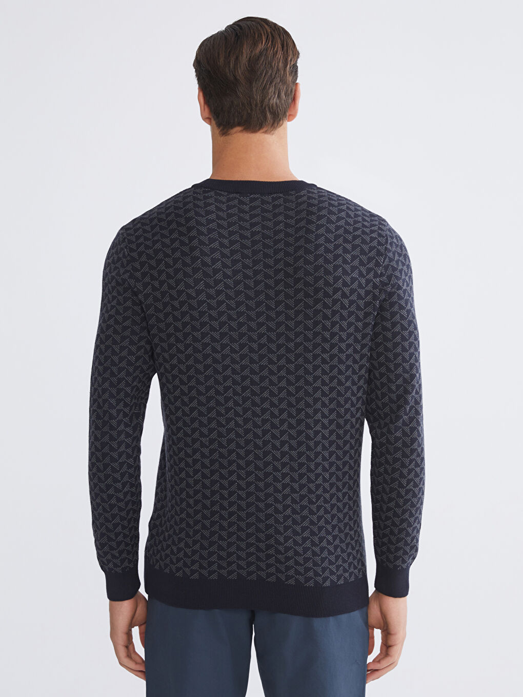 Lacivert Bisiklet Yaka Desenli Erkek Triko Kazak-3