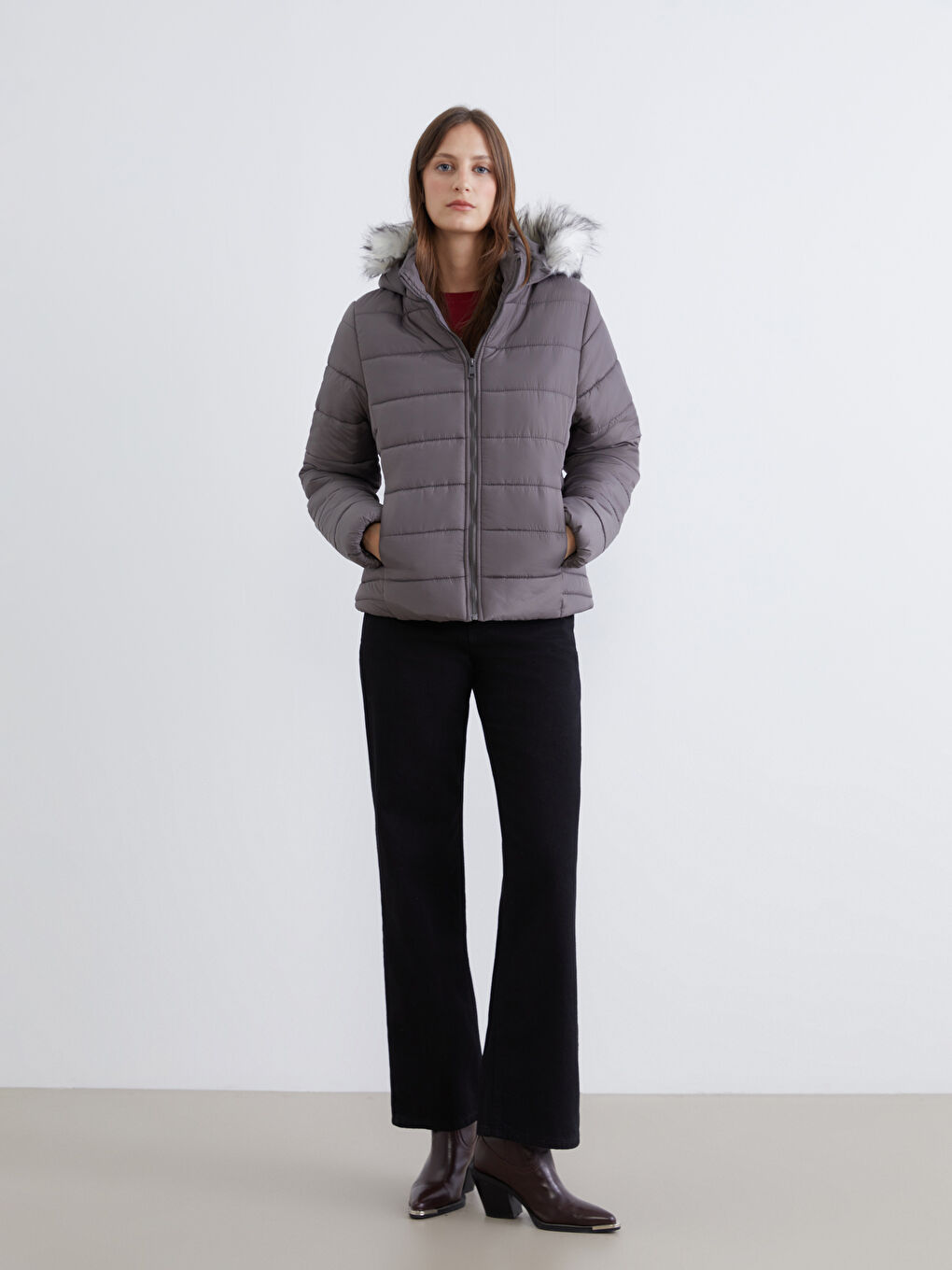 Antrasit Kürk Kapüşonlu Kadın Şişme Mont-1