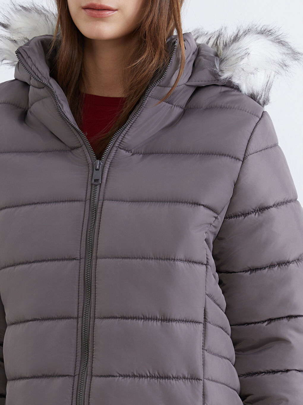 Antrasit Kürk Kapüşonlu Kadın Şişme Mont-2