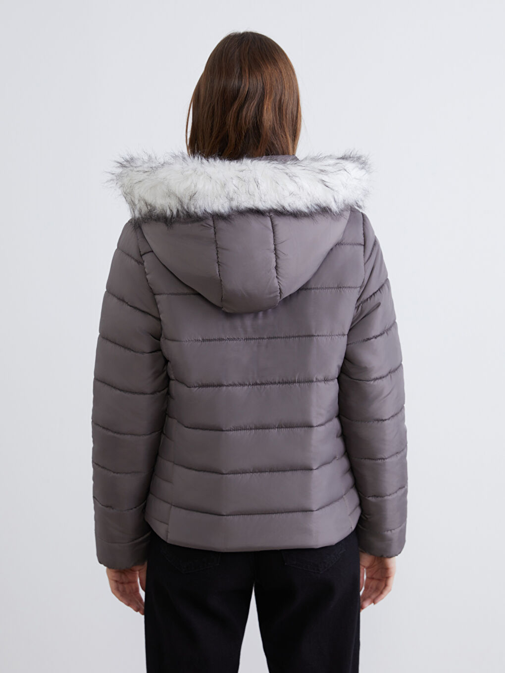 Antrasit Kürk Kapüşonlu Kadın Şişme Mont-3