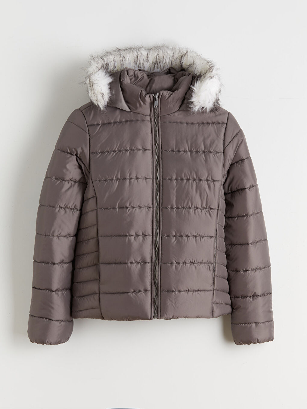 Antrasit Kürk Kapüşonlu Kadın Şişme Mont-4