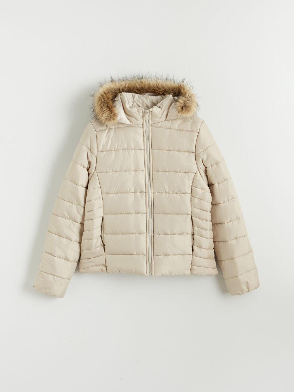 Bej Kürk Kapüşonlu Kadın Şişme Mont-4