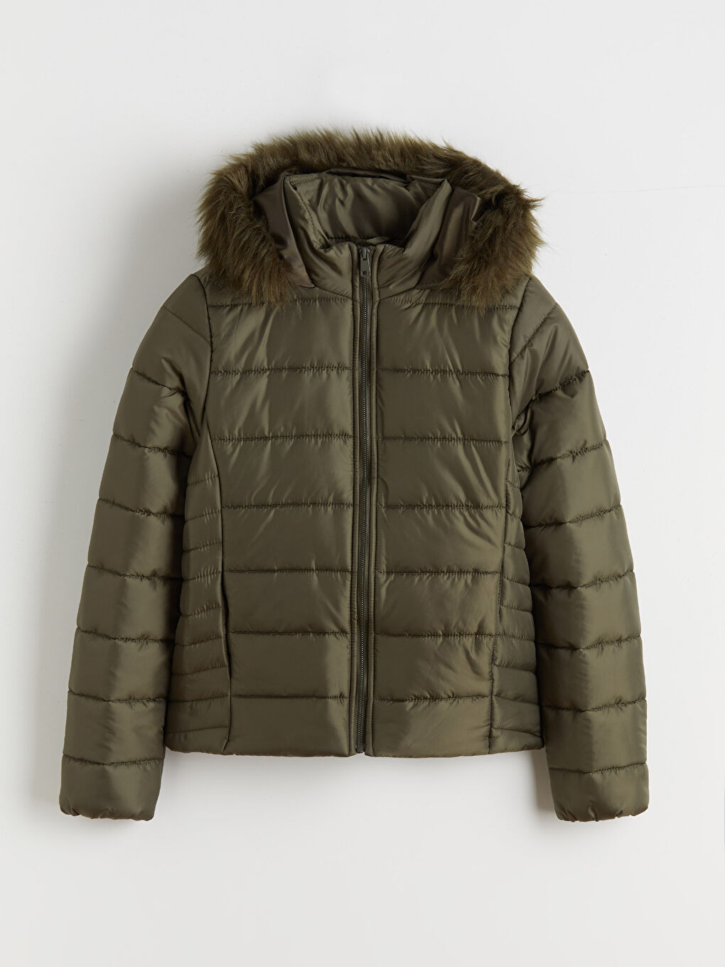 Haki Kürklü Kapüşonlu Kadın Şişme Mont-5