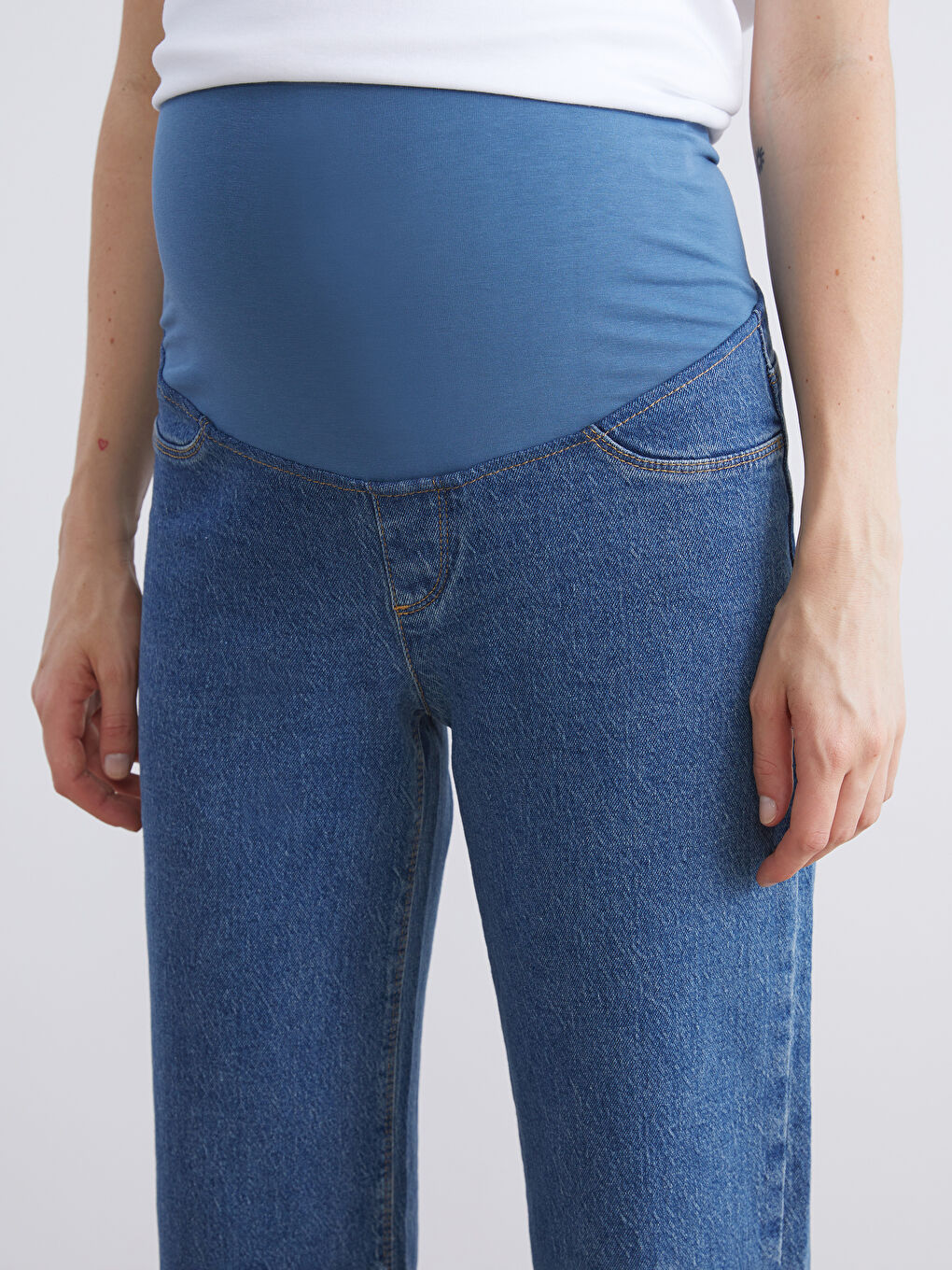 İndigo Karın Panelli Straight Fit Hamile Jean Pantolon-3