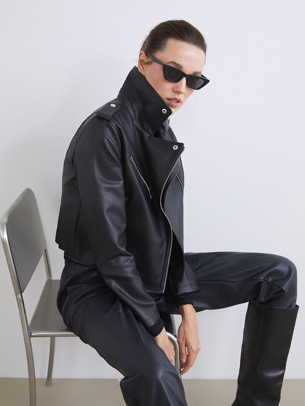 Biker Neck Women's Faux Leather Jacket-1
