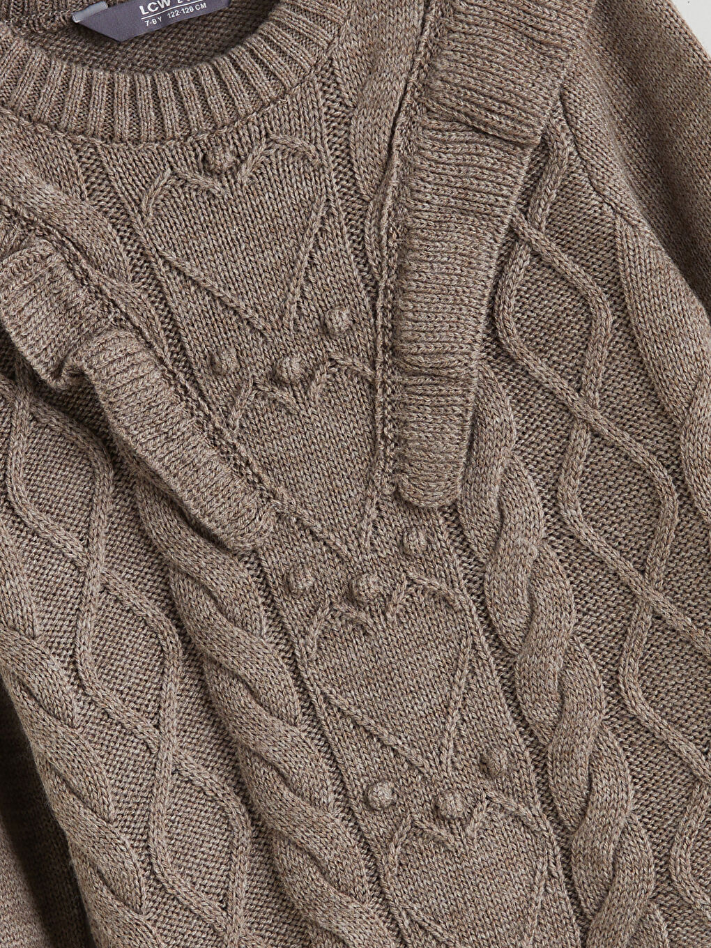 Kahverengi Bisiklet Yaka Fırfır Detaylı Kız Çocuk Triko Kazak-1