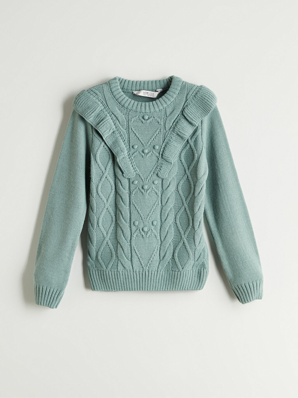 Yeşil Bisiklet Yaka Fırfır Detaylı Kız Çocuk Triko Kazak