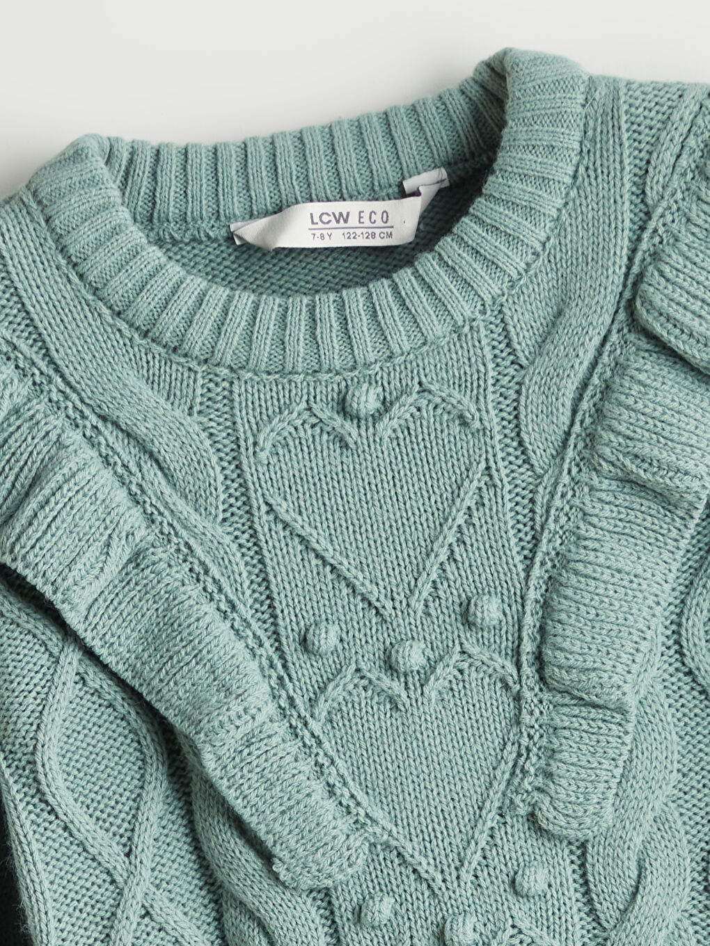 Yeşil Bisiklet Yaka Fırfır Detaylı Kız Çocuk Triko Kazak-1