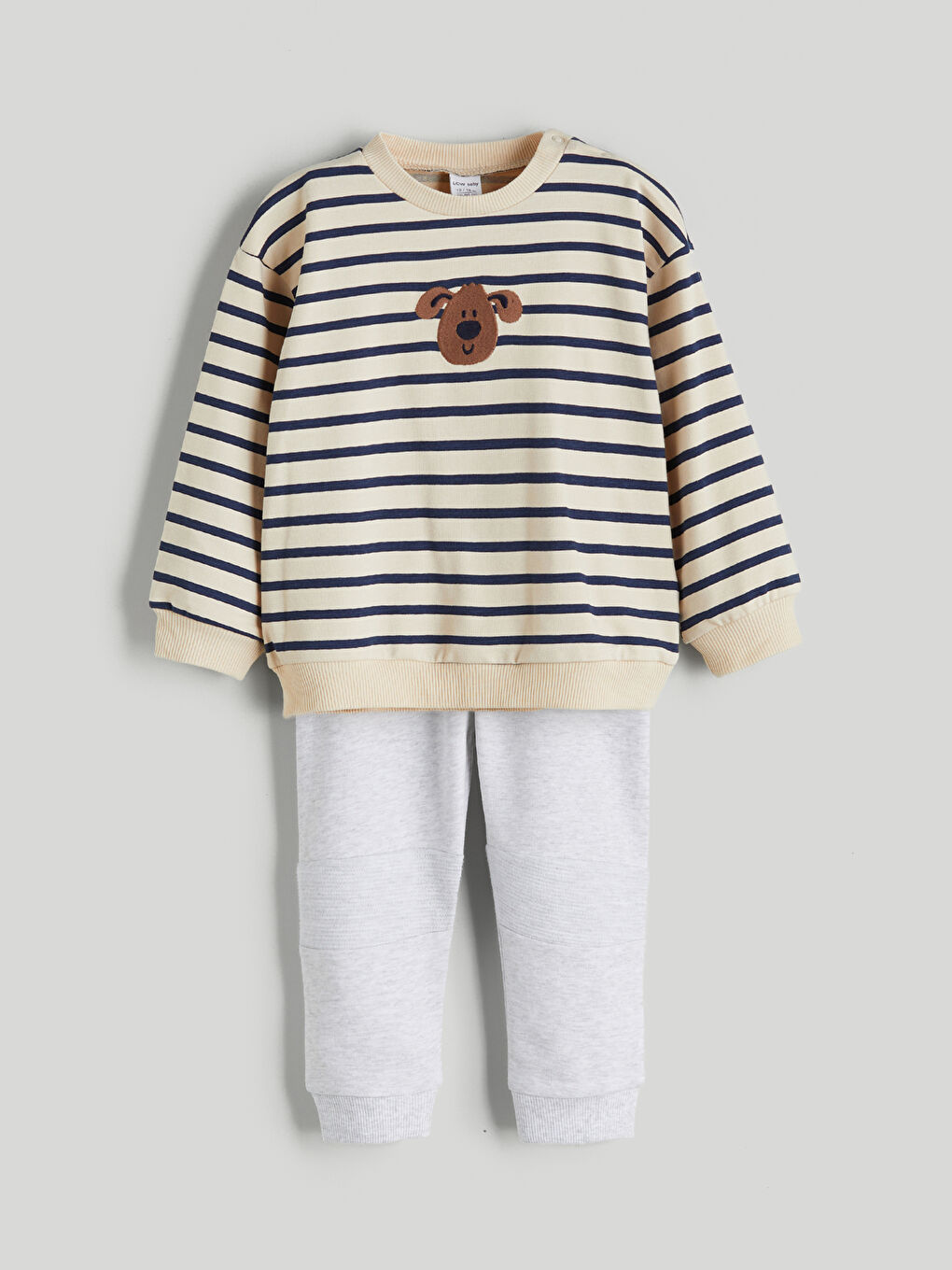 Bej Bisiklet Yaka Çizgili Erkek Bebek Sweatshirt ve Eşofman Alt 2'li