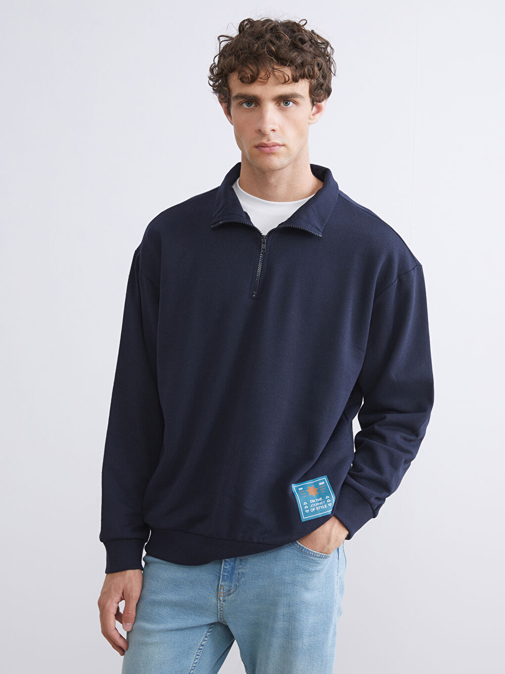 Lacivert Dik Yaka Baskılı Erkek Kalın Sweatshirt