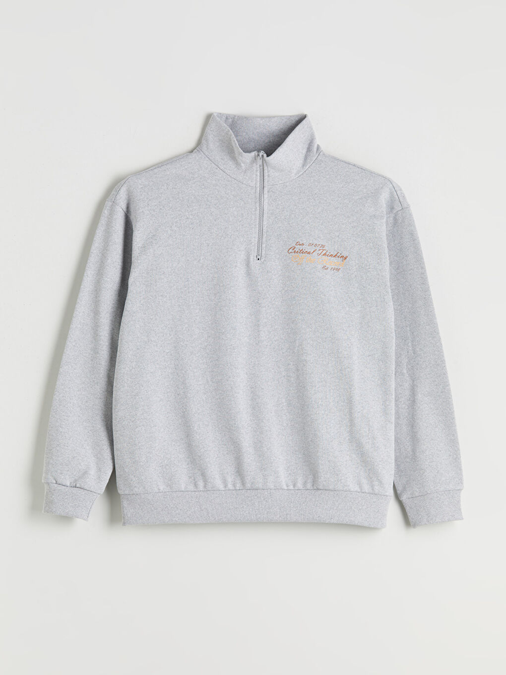 Gri Dik Yaka Baskılı Erkek Kalın Sweatshirt-4