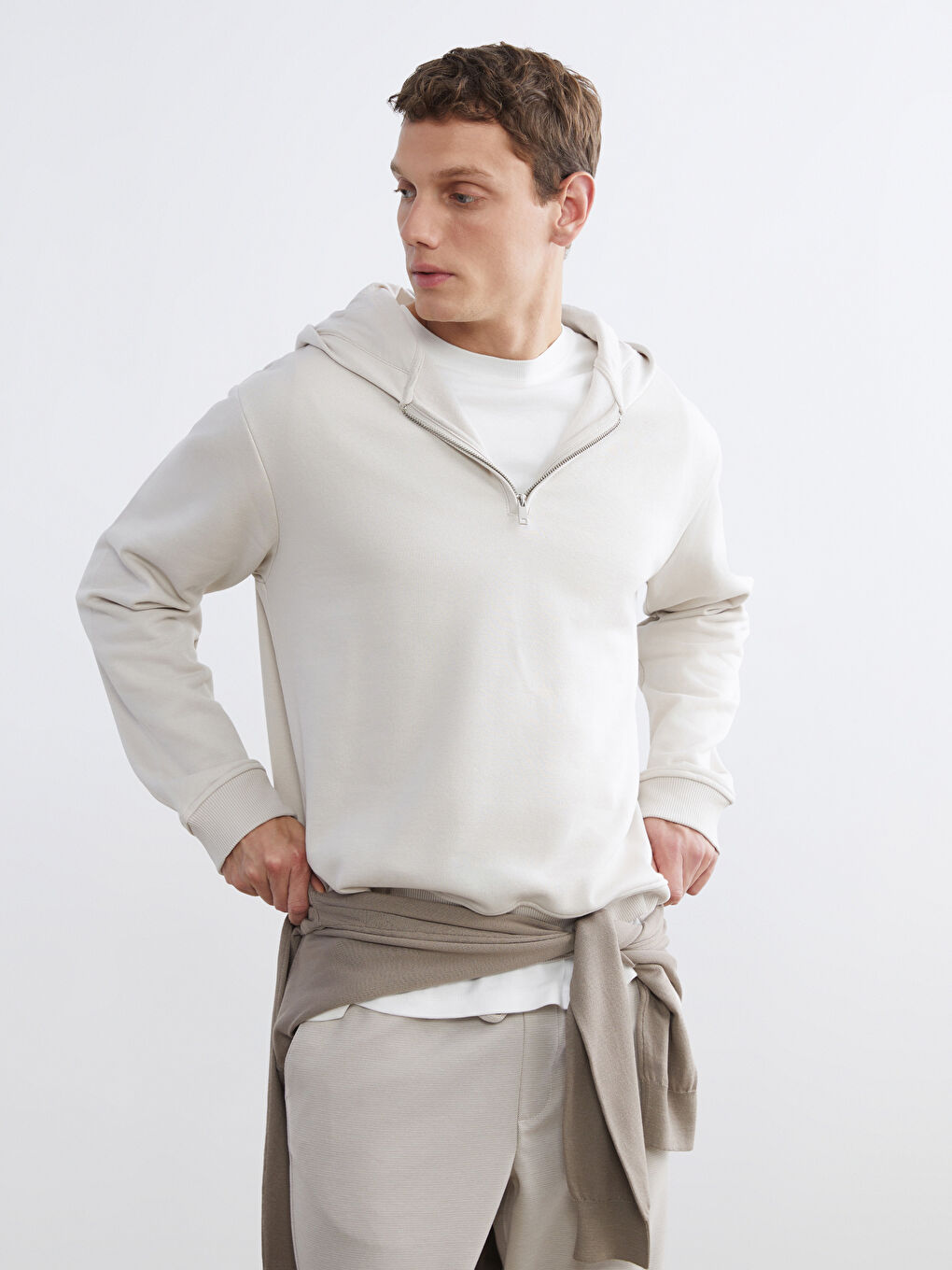 Bej Uzun Kollu Erkek Hoodie