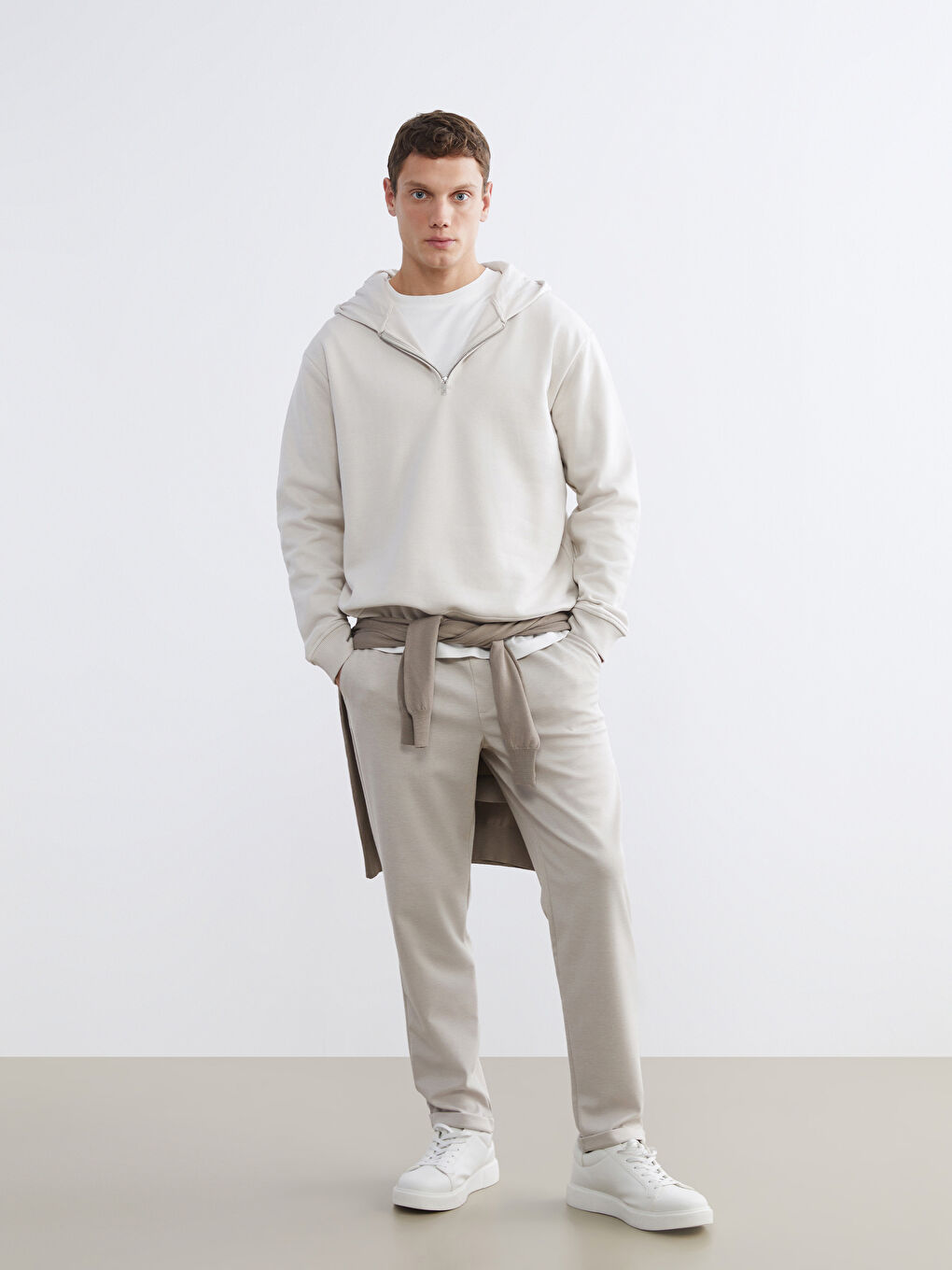 Bej Uzun Kollu Erkek Hoodie-1