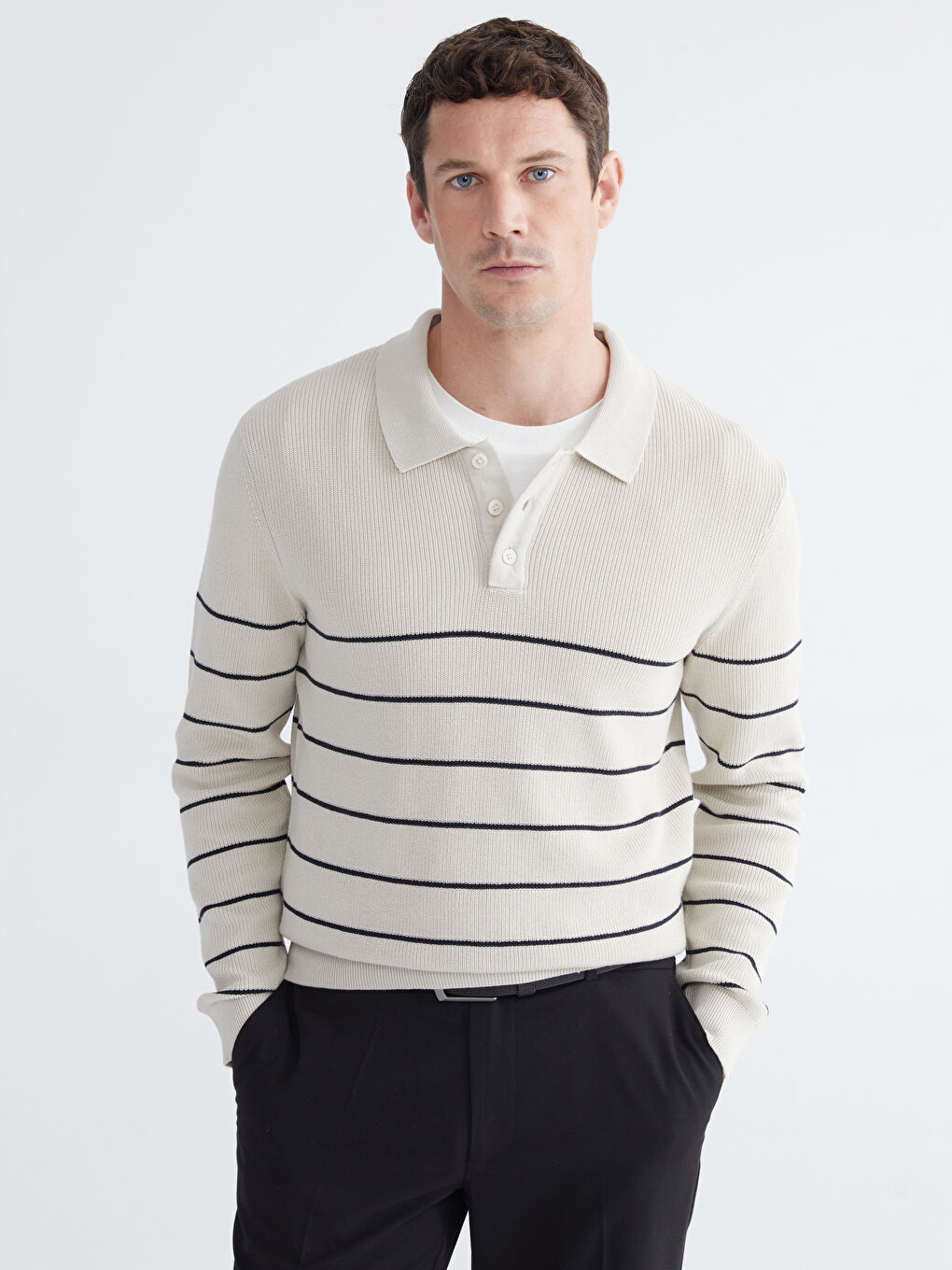 Polo Neck Striped Men's Knitwear Sweater