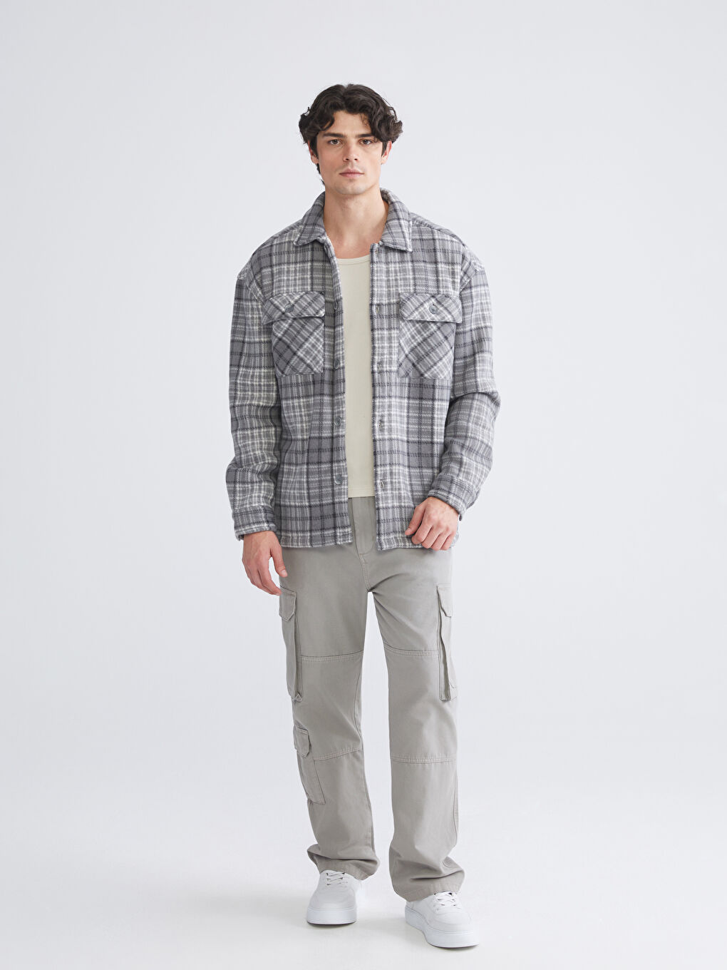 Gri Rahat Kalıp Ekose Polar Erkek Gömlek Ceket-1