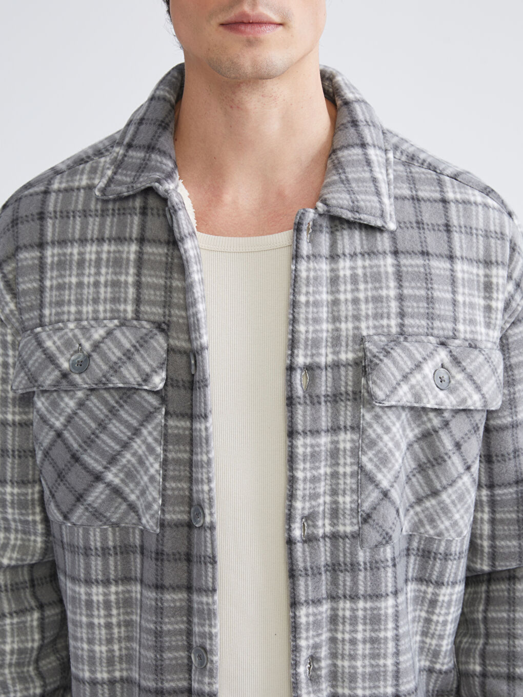 Gri Rahat Kalıp Ekose Polar Erkek Gömlek Ceket-2
