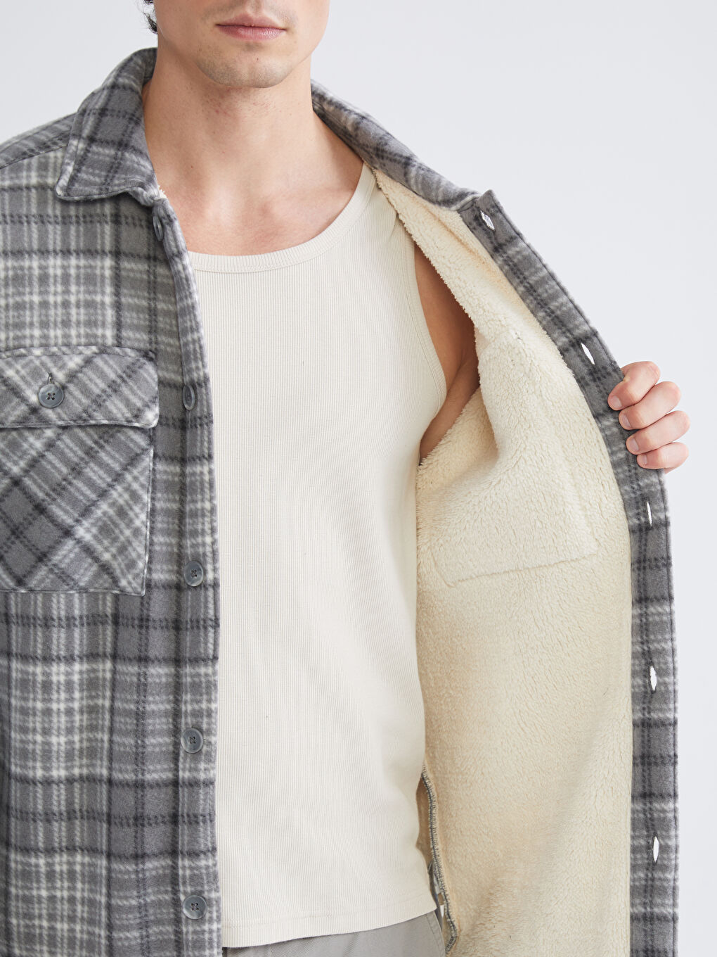 Gri Rahat Kalıp Ekose Polar Erkek Gömlek Ceket-3