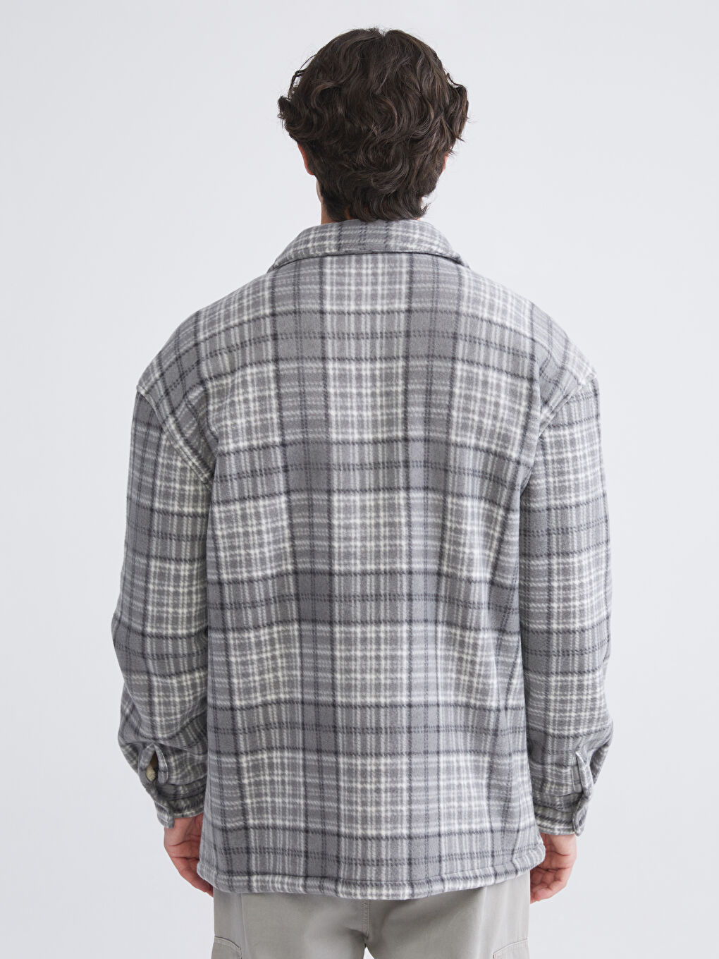 Gri Rahat Kalıp Ekose Polar Erkek Gömlek Ceket-4