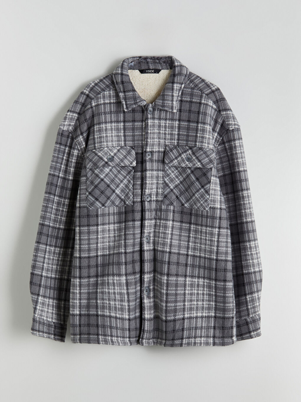 Gri Rahat Kalıp Ekose Polar Erkek Gömlek Ceket-5