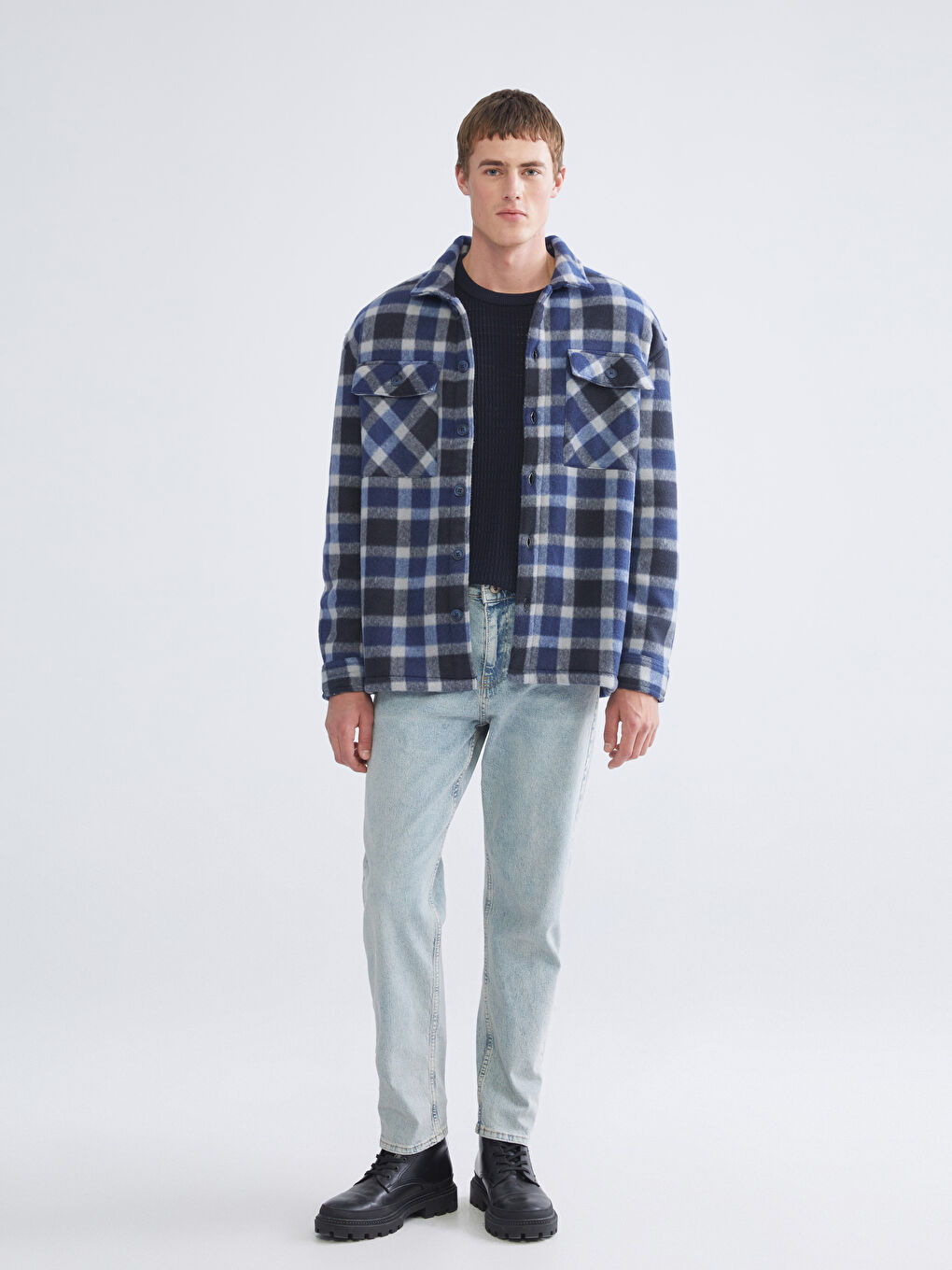 Lacivert Rahat Kalıp Uzun Kollu Ekose Erkek Gömlek Ceket-1